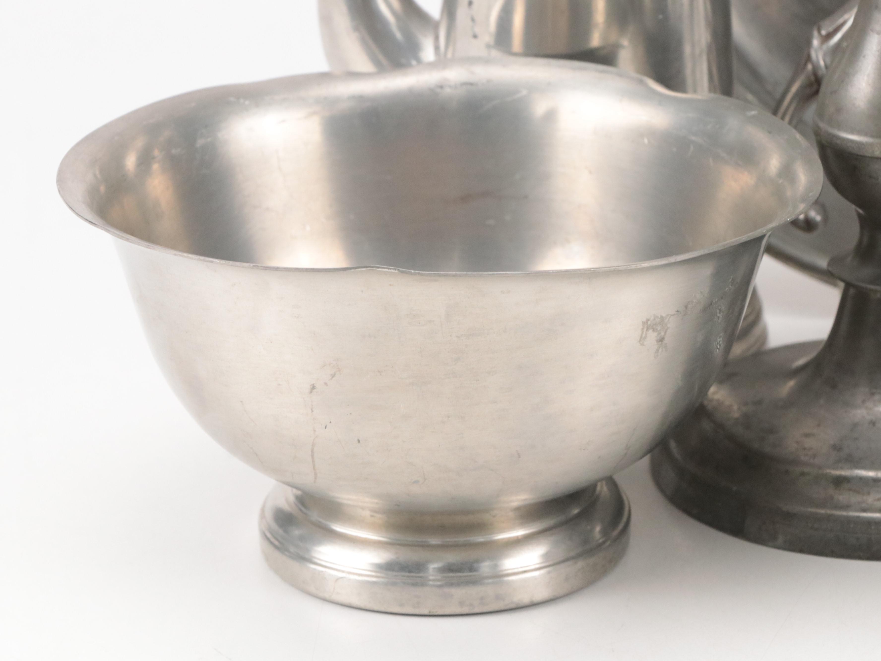 Stieff "Williamsburg" Pewter Plates with More Pewter Table Accessories