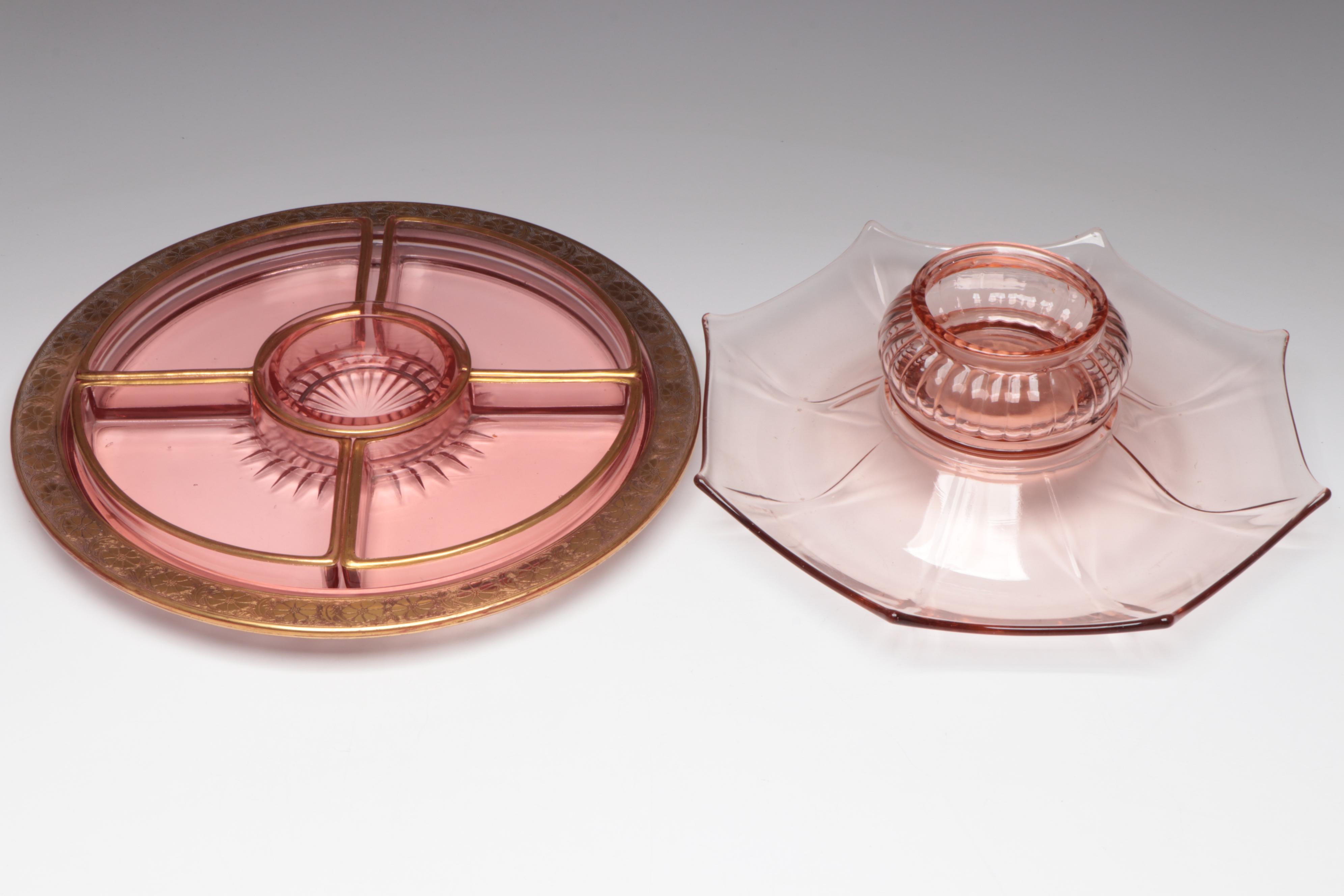 Anchor Hocking "Oyster and Pearl Pink" Glass Relish with Other Pink Glassware