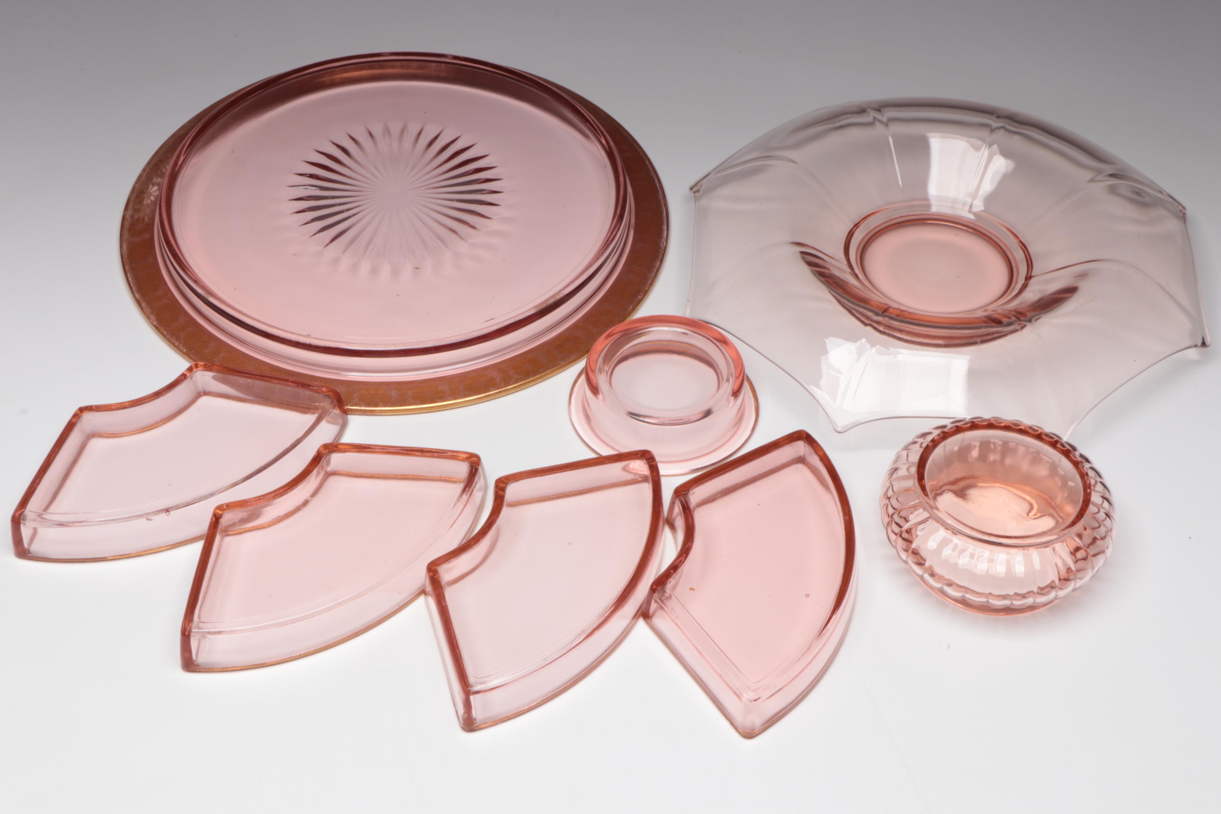 Anchor Hocking "Oyster and Pearl Pink" Glass Relish with Other Pink Glassware