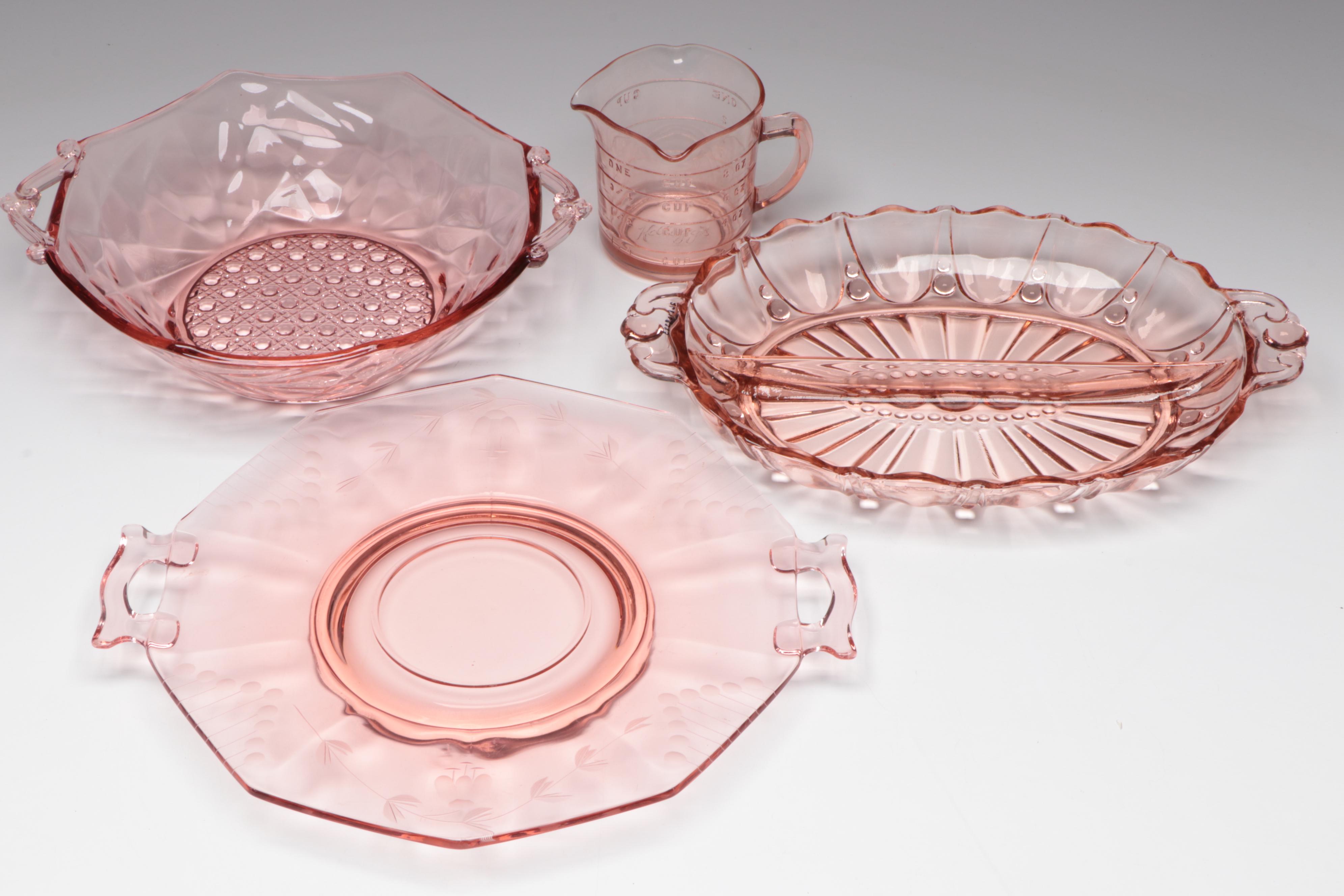 Anchor Hocking "Oyster and Pearl Pink" Glass Relish with Other Pink Glassware