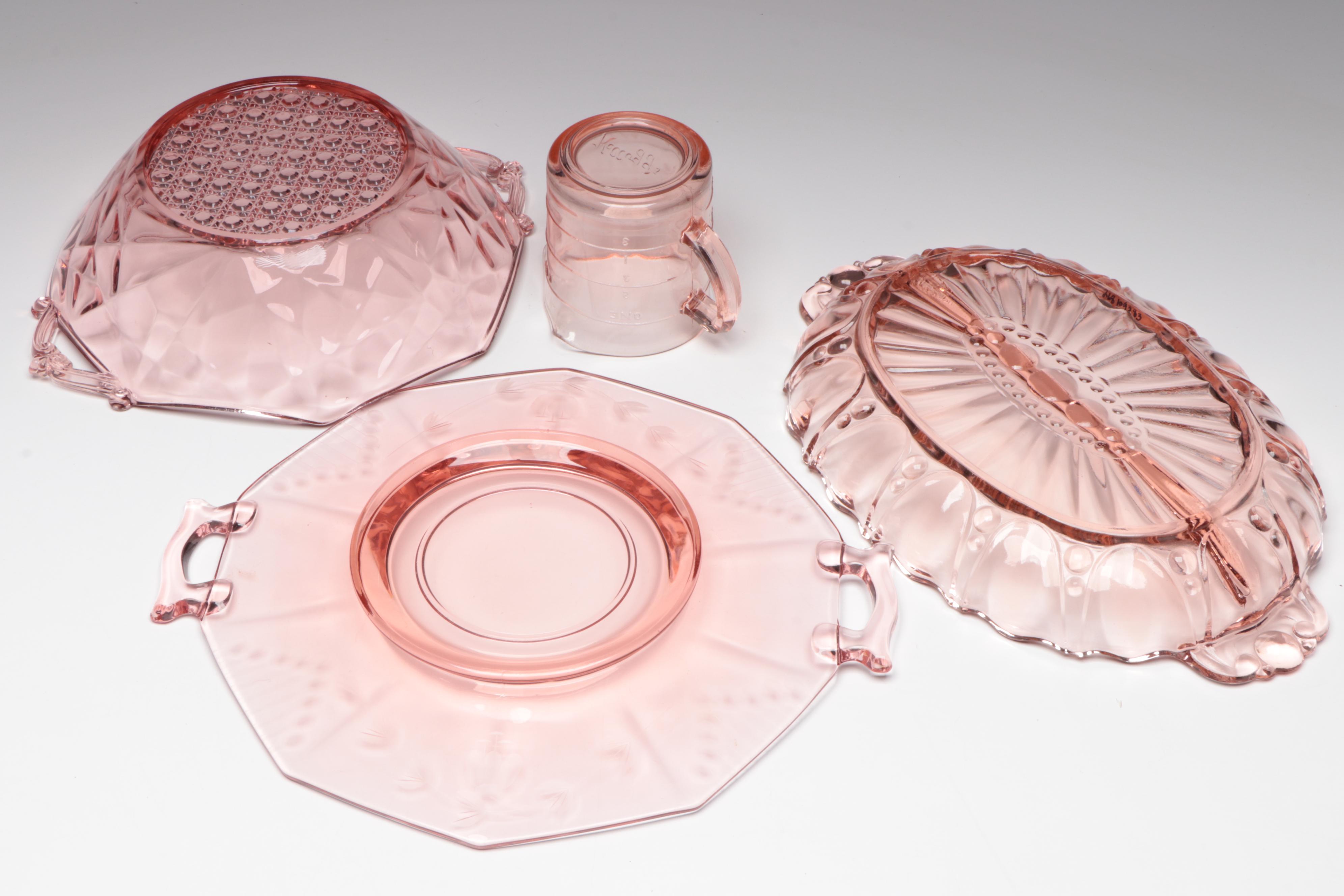 Anchor Hocking "Oyster and Pearl Pink" Glass Relish with Other Pink Glassware