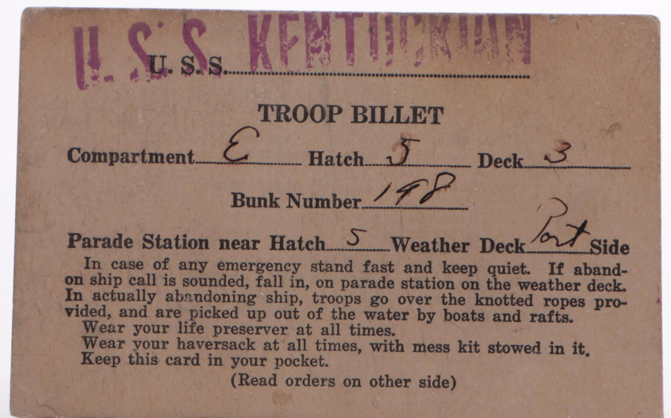 World War I U.S.S. Kentuckian Troop Billet Card