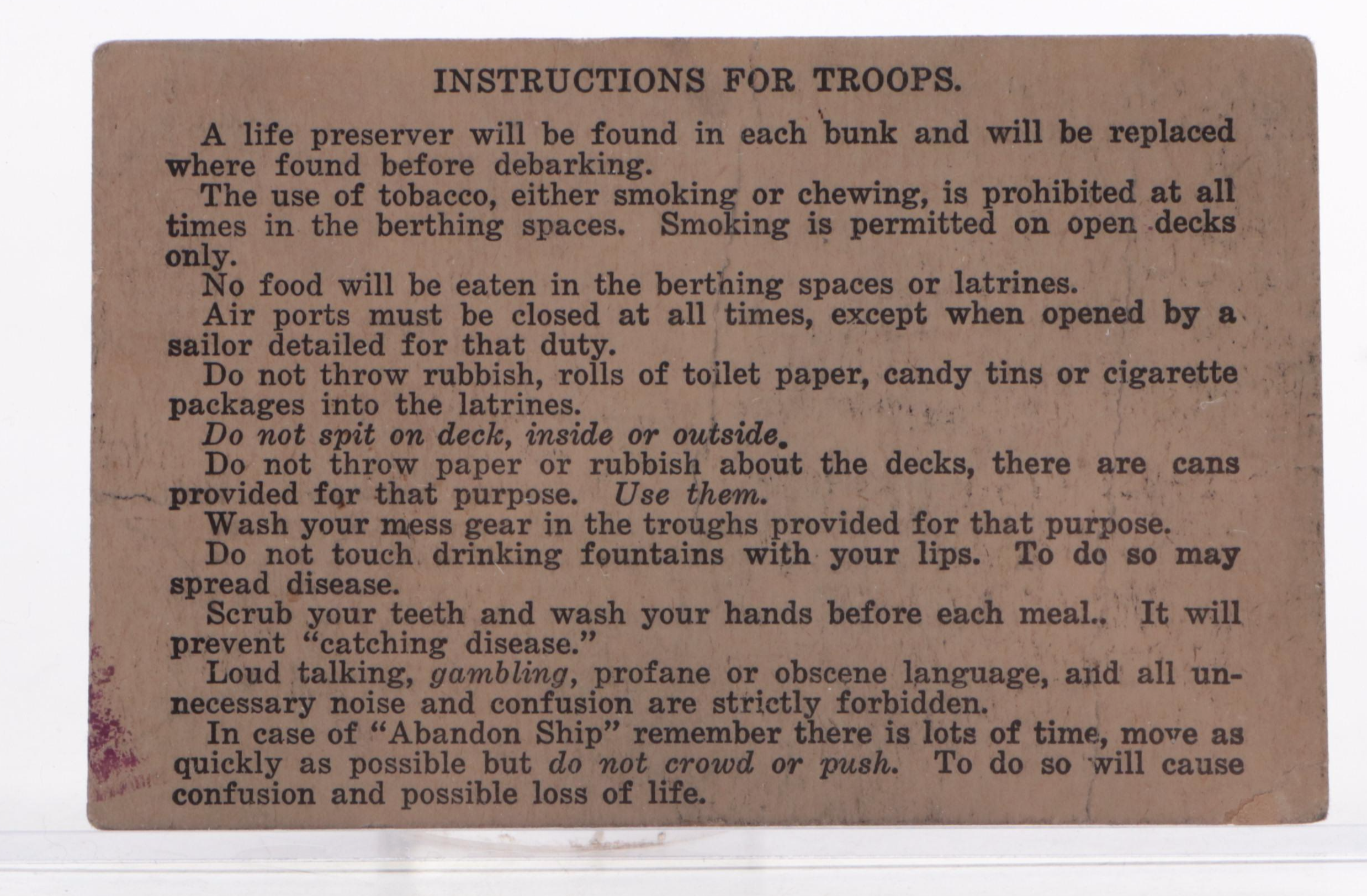 World War I U.S.S. Kentuckian Troop Billet Card