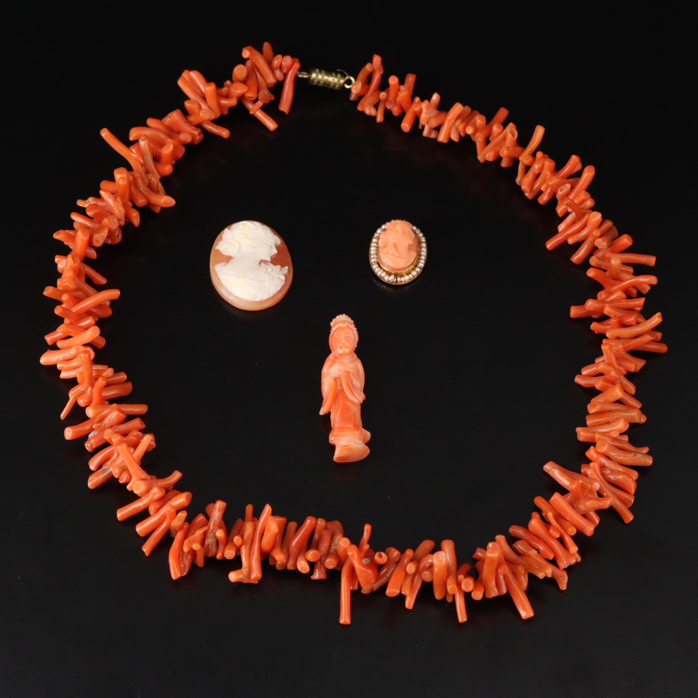 Coral, Seed Pearl and Shell Jewelry ft. Cameos, Goddess and Necklace