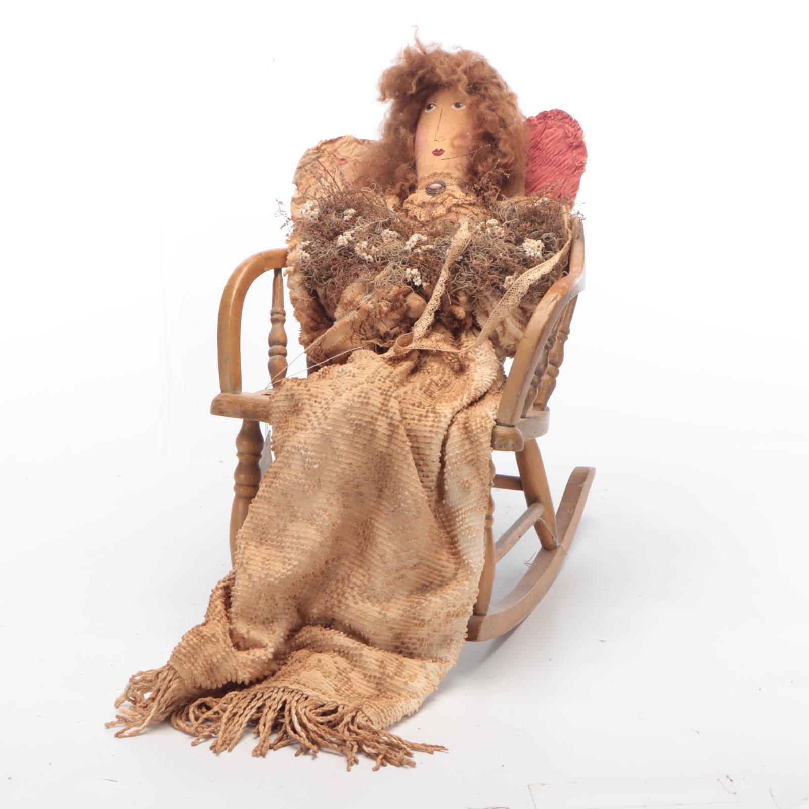 Victorian Style Handmade Cloth Doll with Rocking Chair