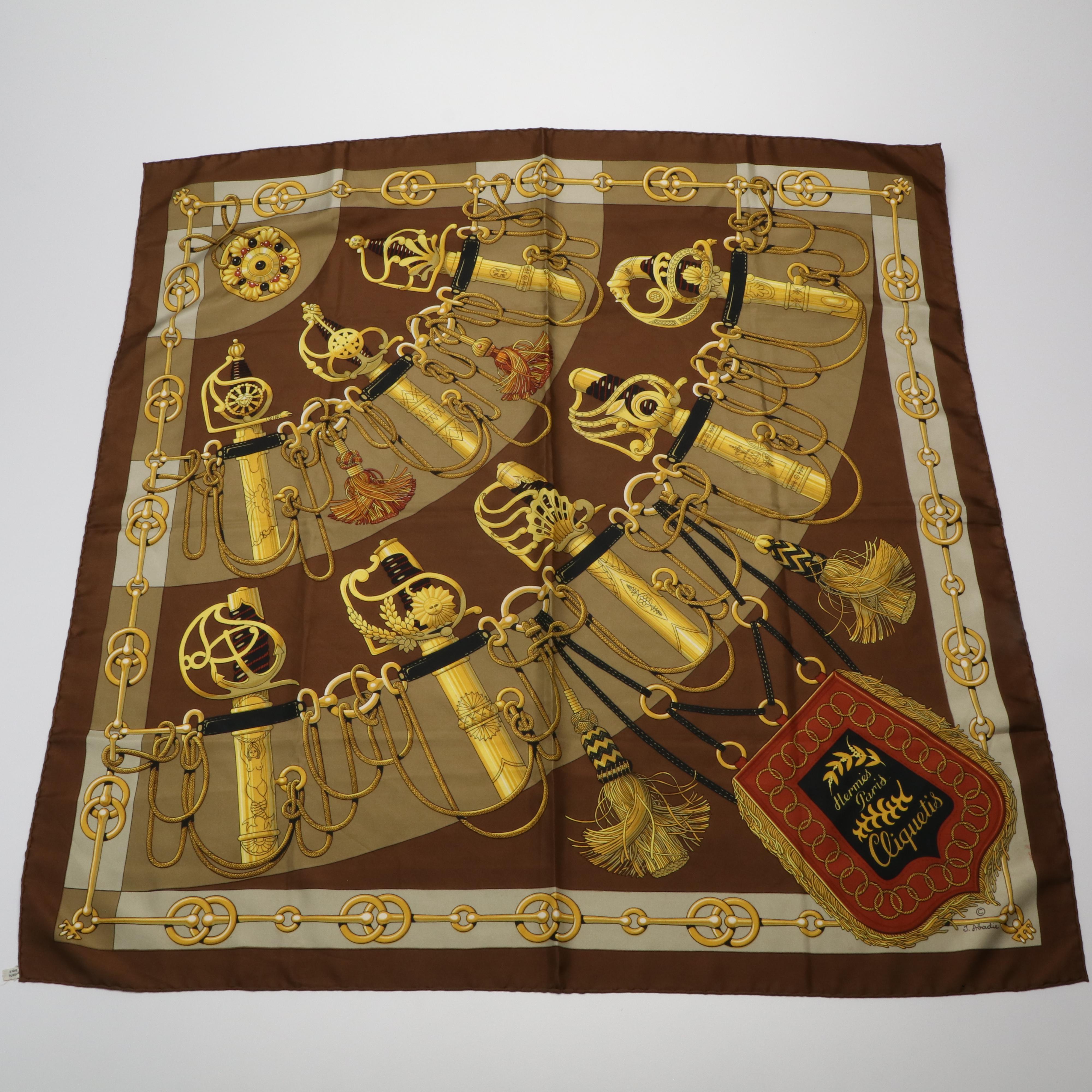 Hermès "Cliquetis" Brown Silk Scarf