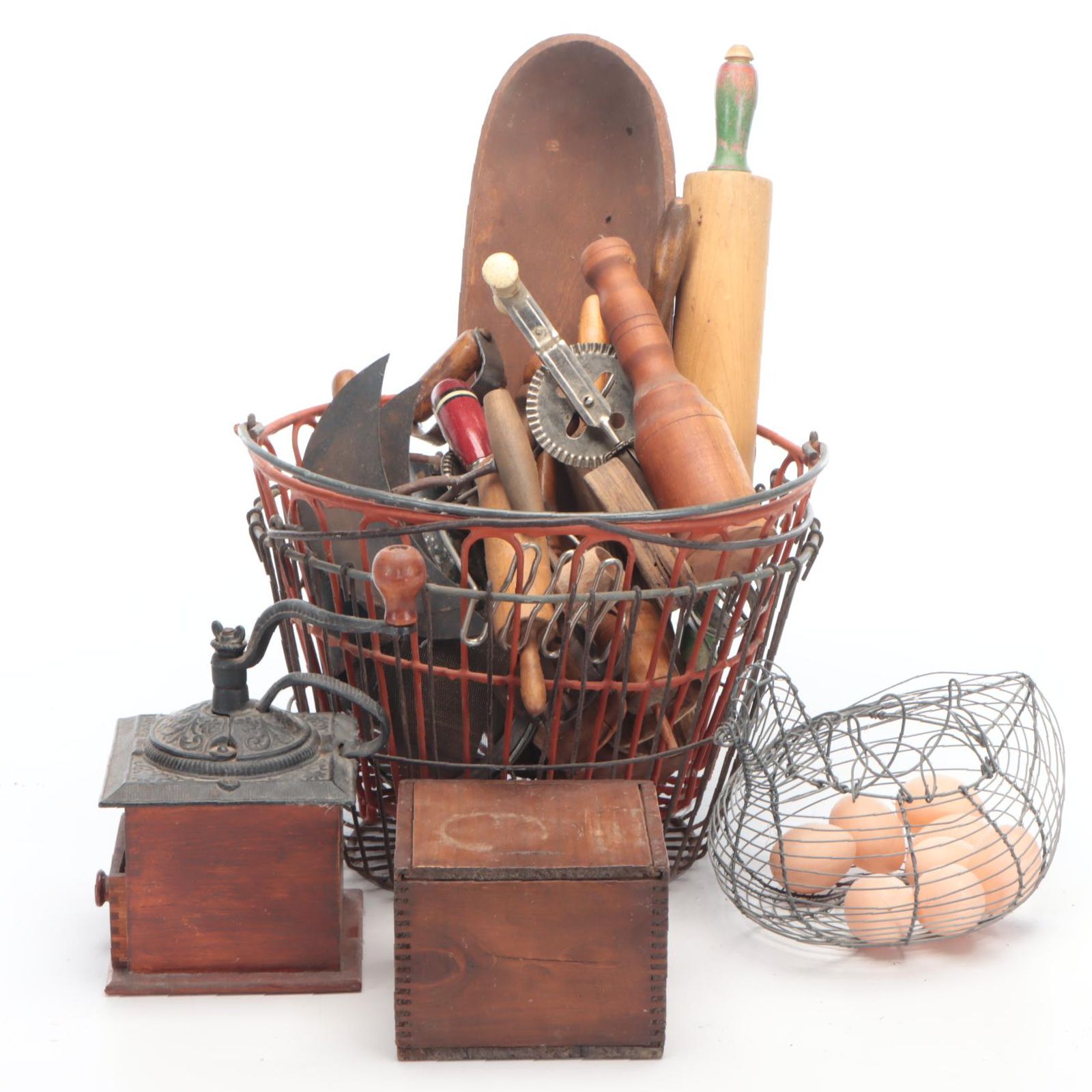 Primitive Wooden Dough Bowl with Wire Baskets and Other Kitchenware