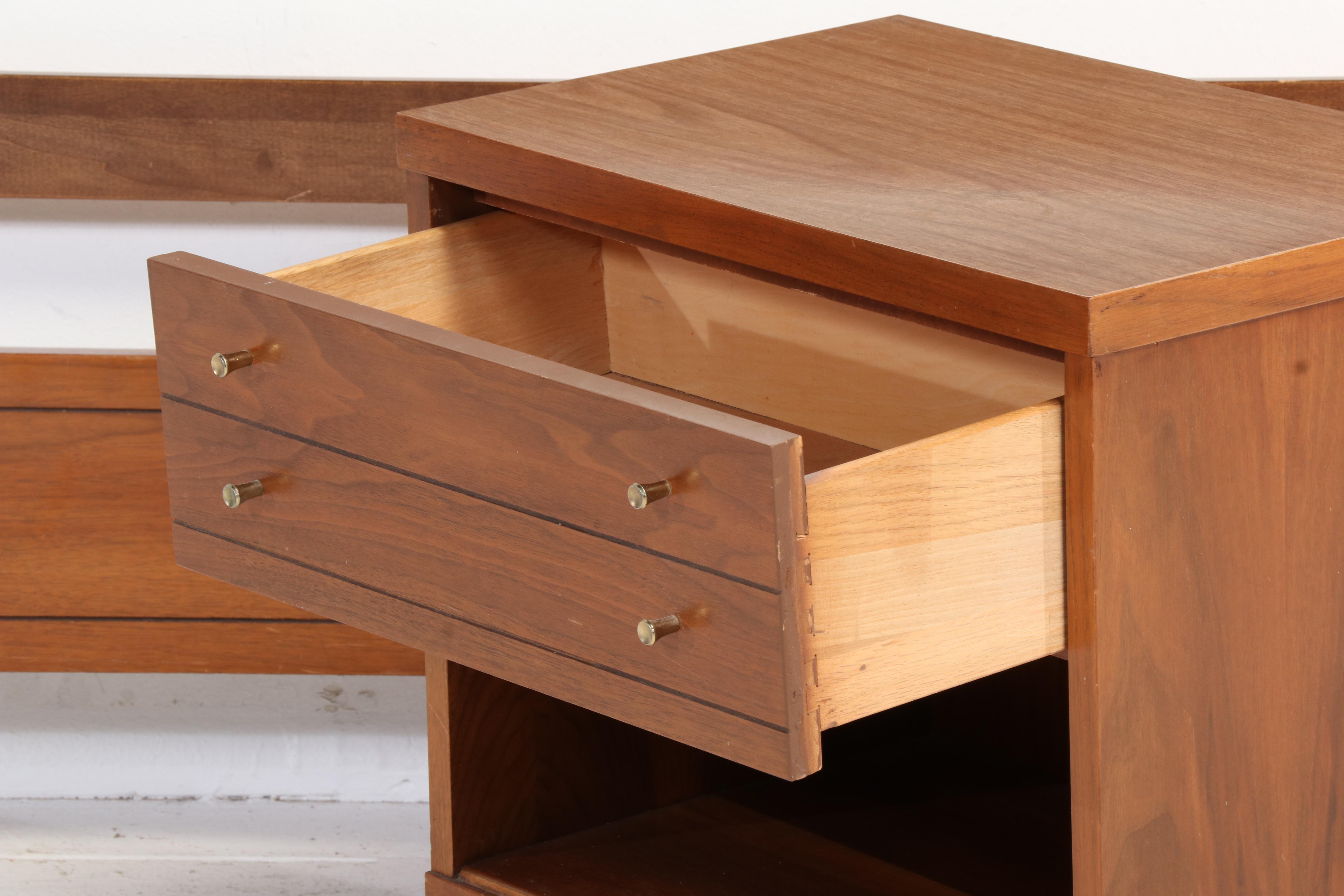 Mid Century Modern Walnut Full Size Bed Frame with Laminate Top Nightstand
