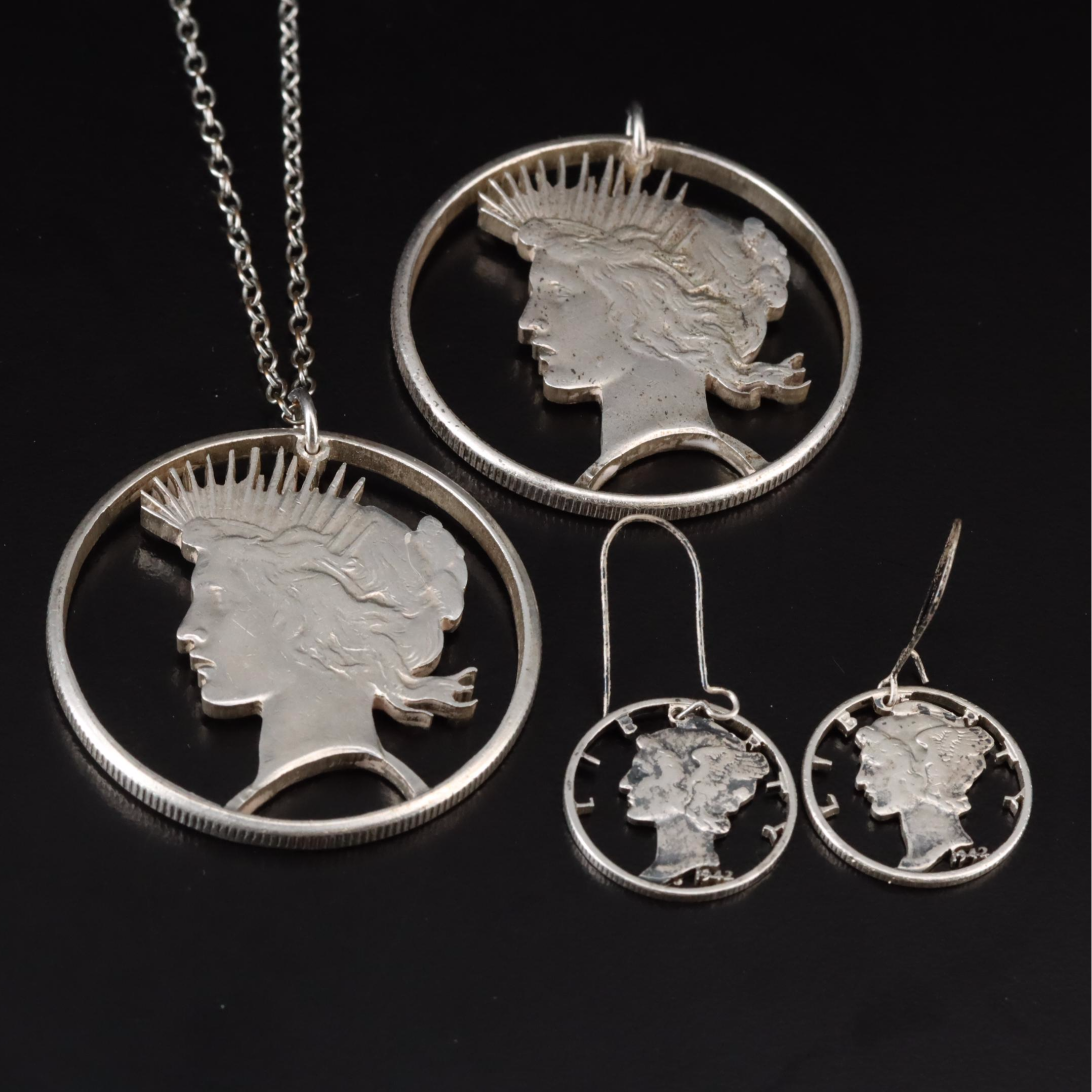 Cut-Out Peace Silver Dollar Pendants and Cut-Out Mercury Silver Dime Earrings