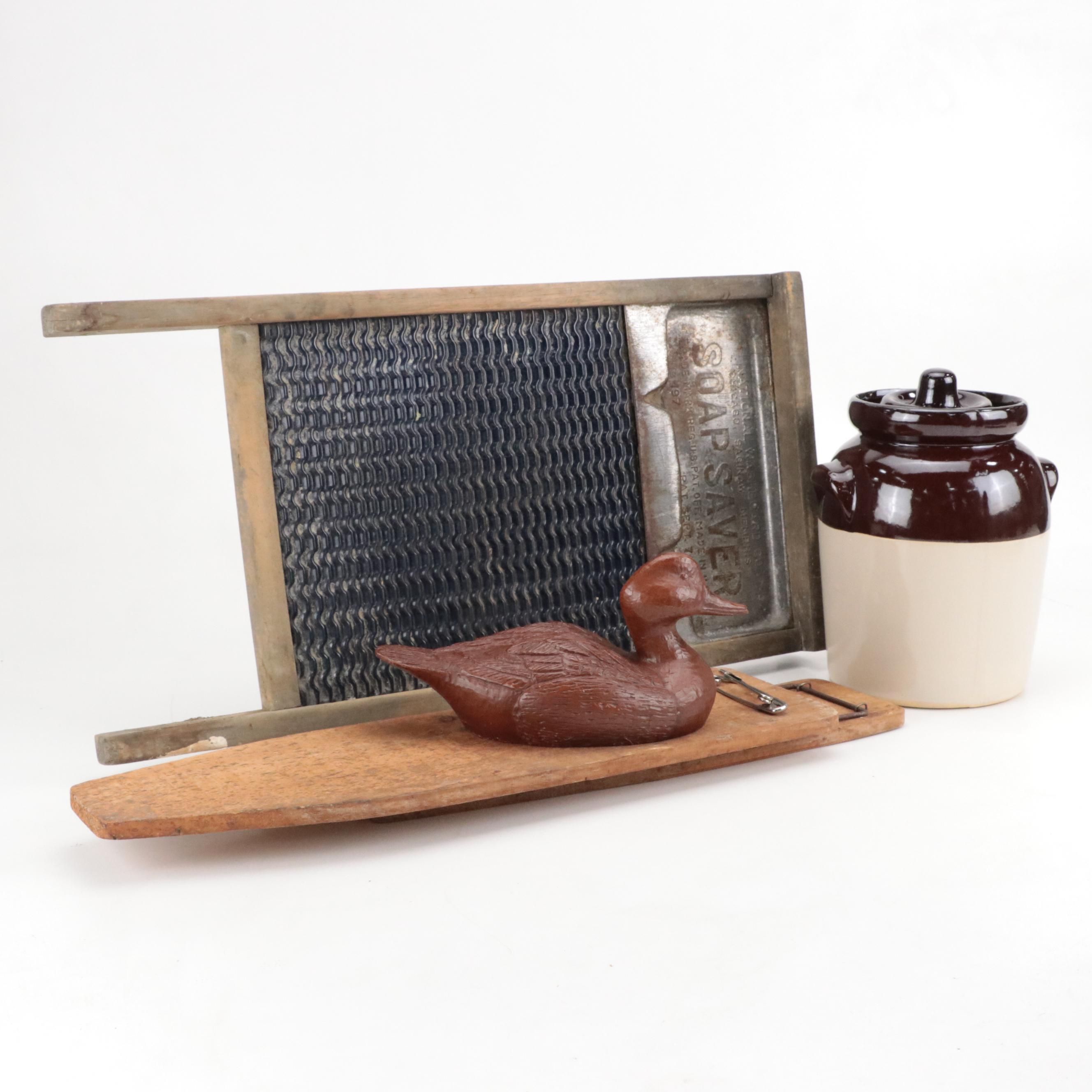 National Washboard Co. "Soap Saver" Washboard with Stoneware Crock and More