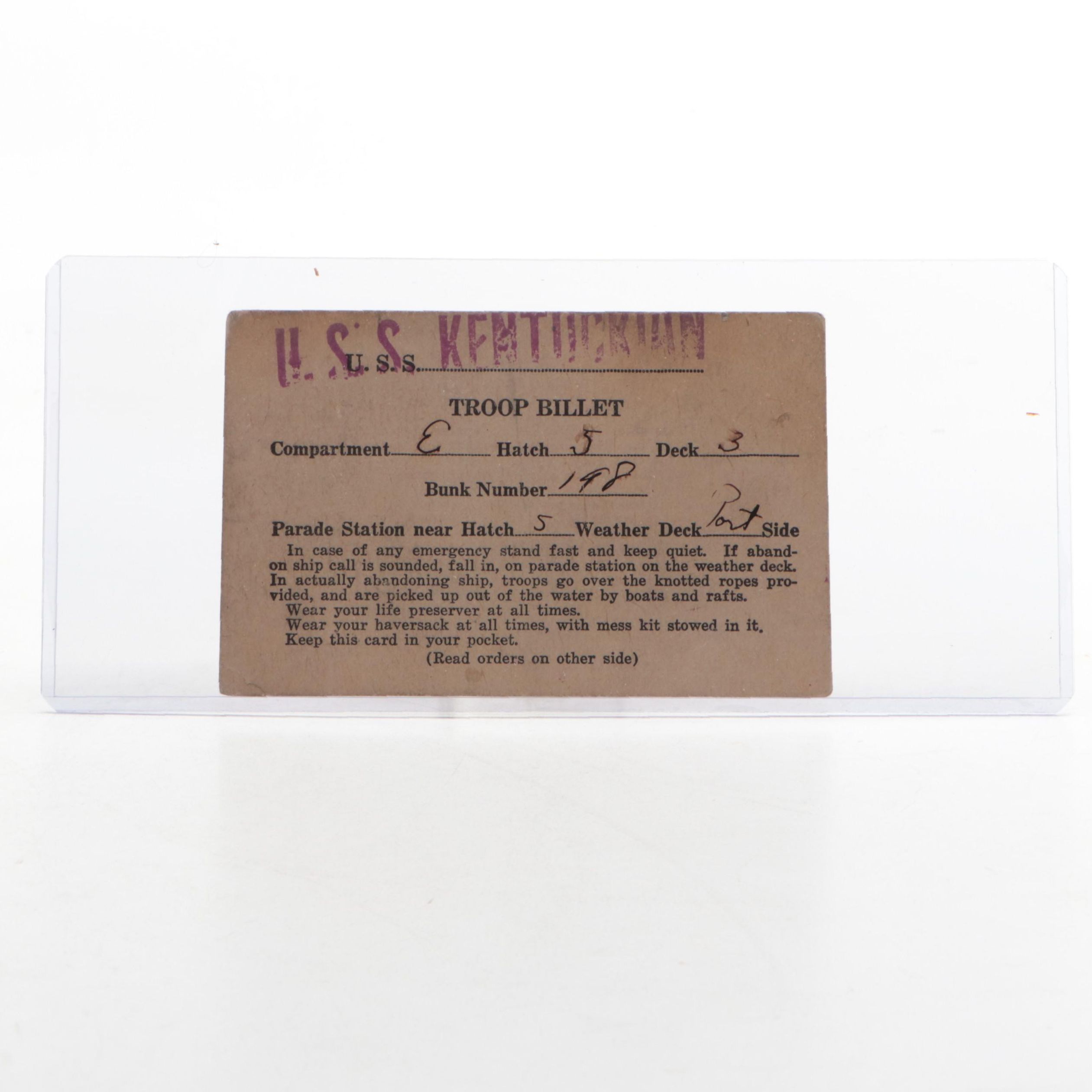 World War I U.S.S. Kentuckian Troop Billet Card
