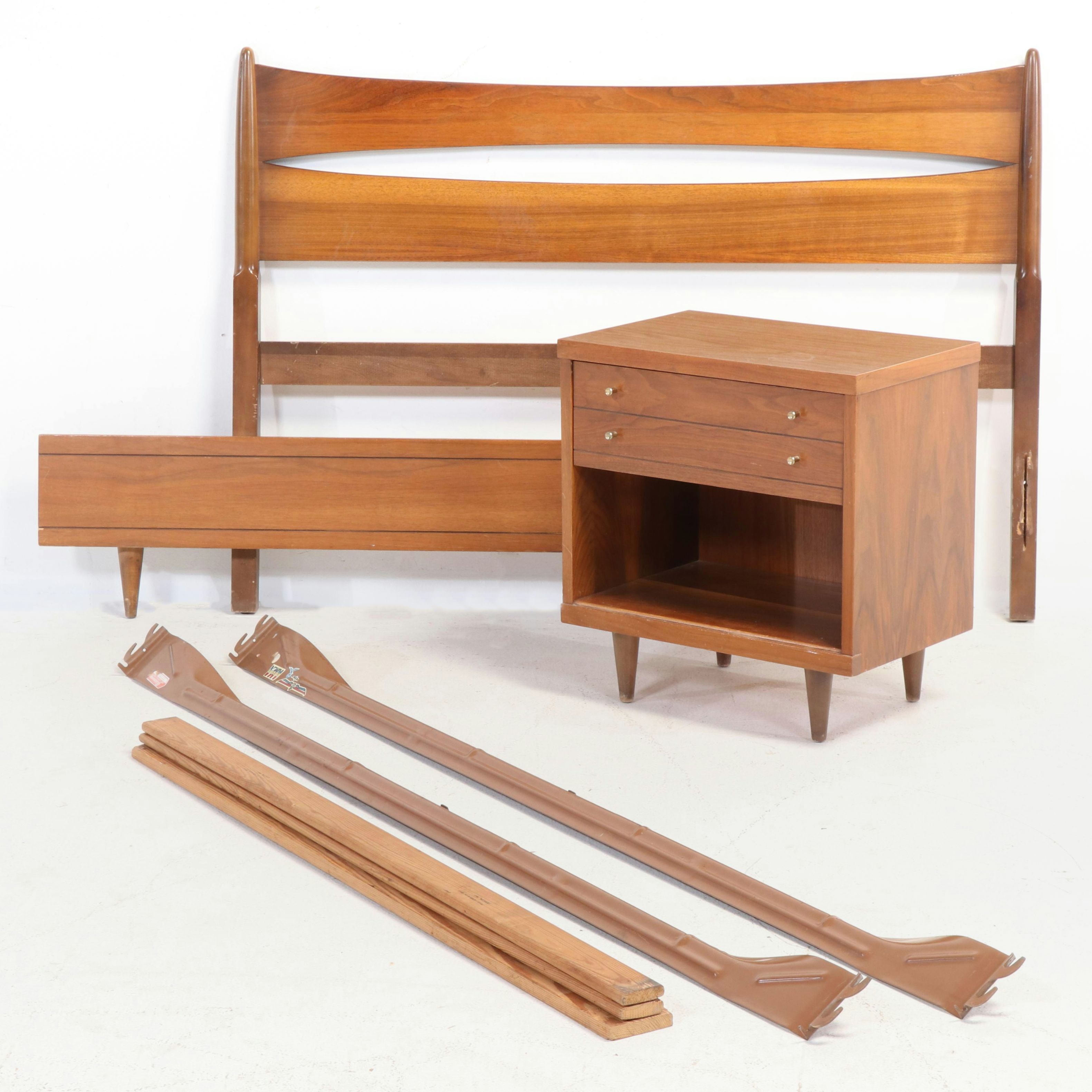Mid Century Modern Walnut Full Size Bed Frame with Laminate Top Nightstand