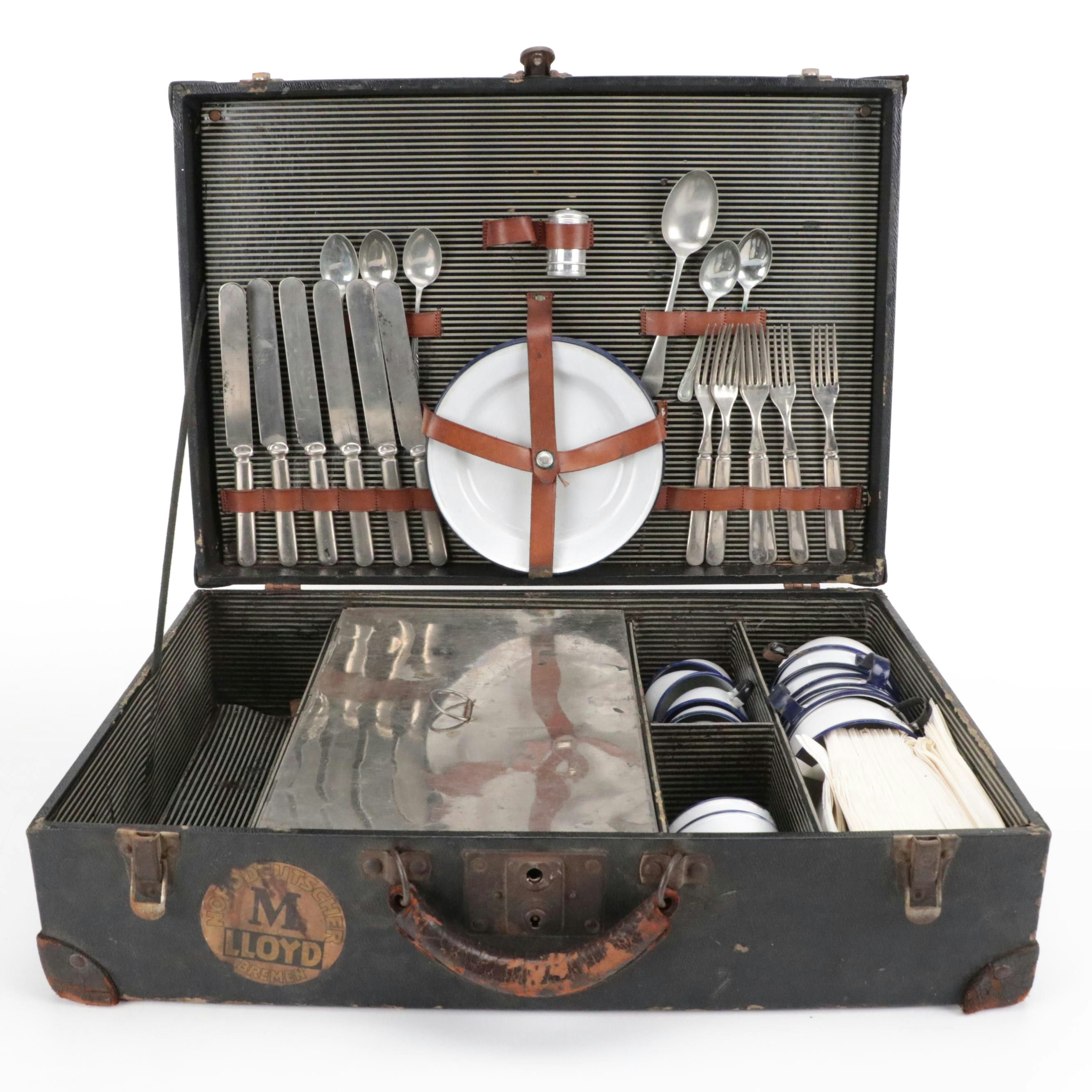 Leather Suitcase Containing Picnic Supplies, Mid-20th Century