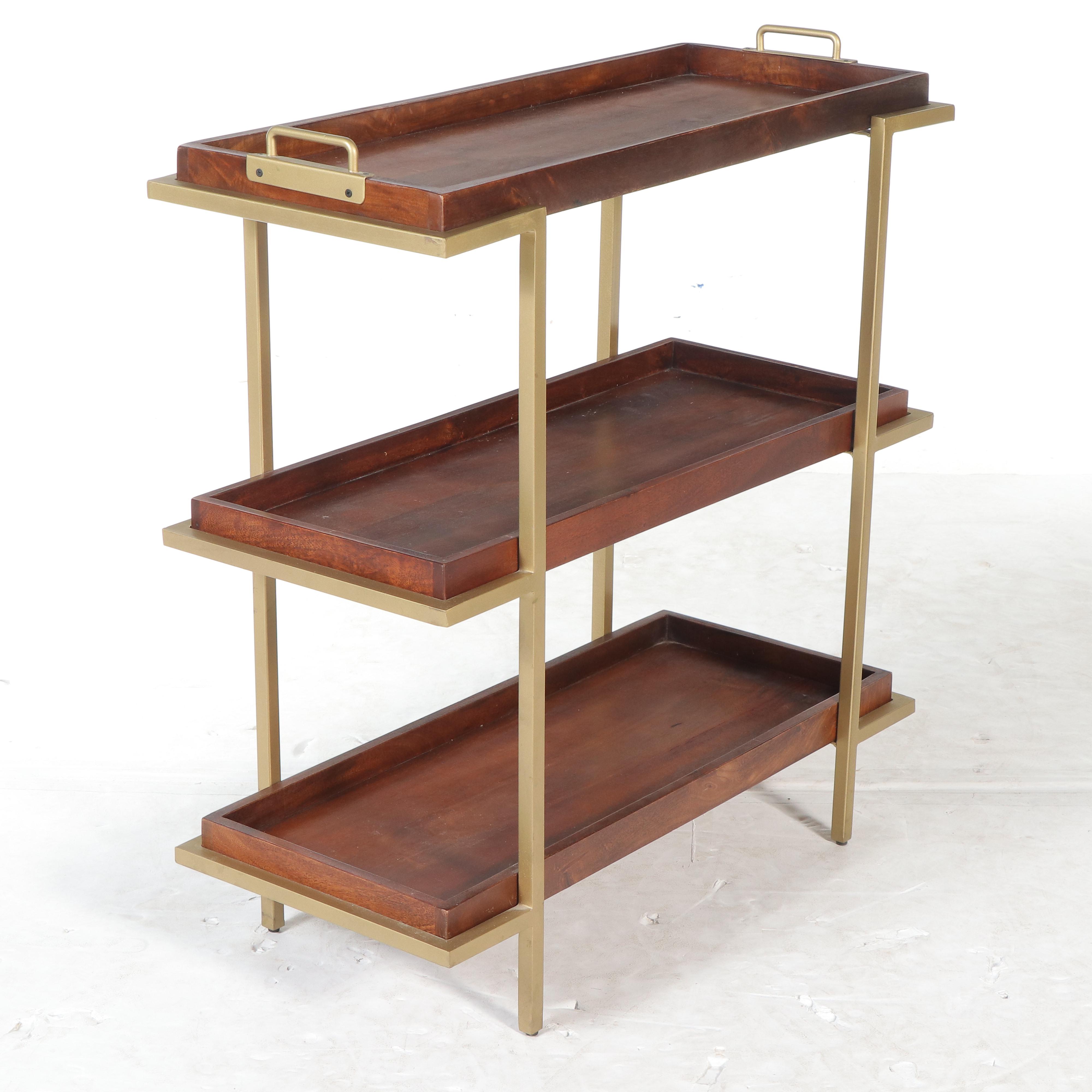 Modernist Style Gold Tone Metal and Wood Three-Tiered Étagère