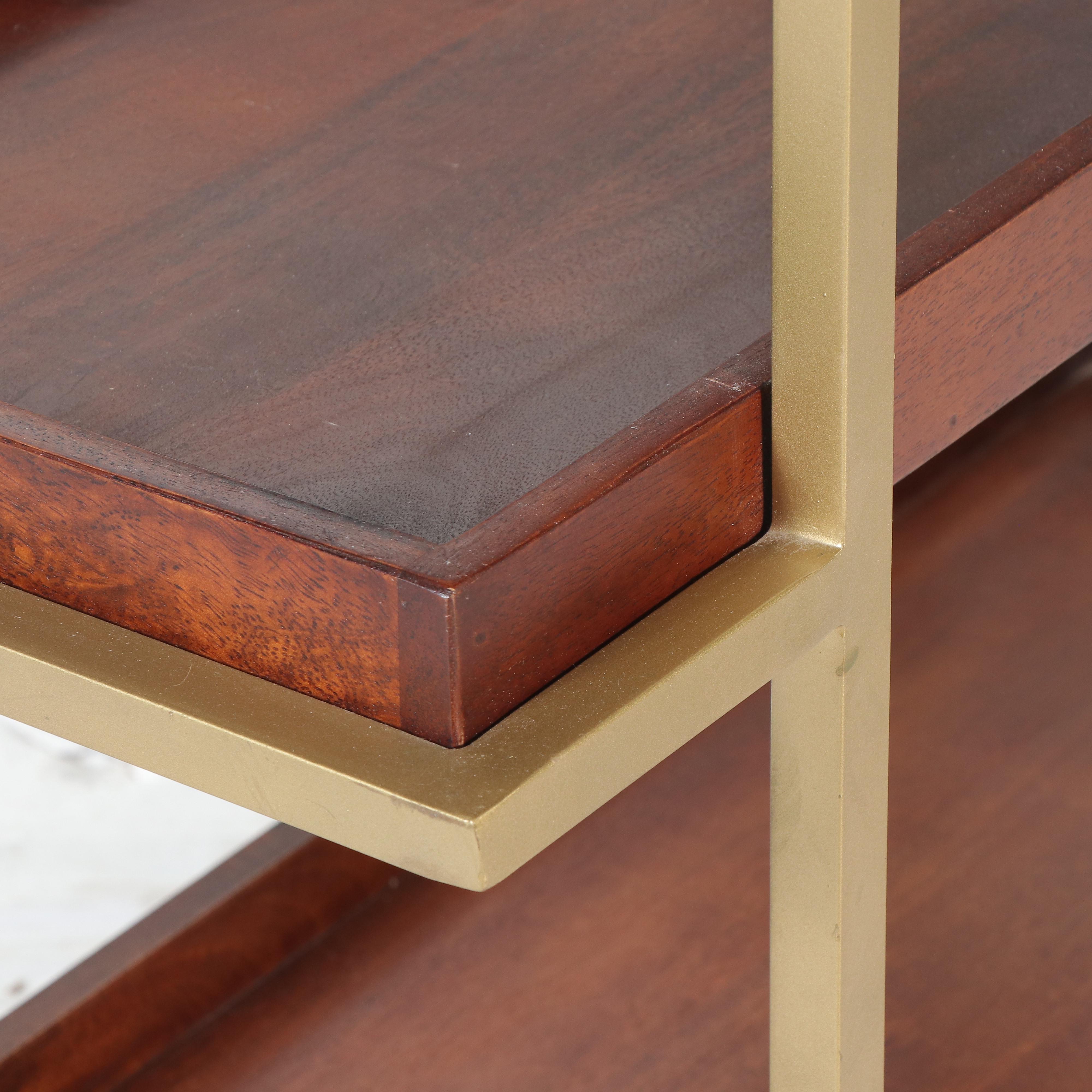 Modernist Style Gold Tone Metal and Wood Three-Tiered Étagère