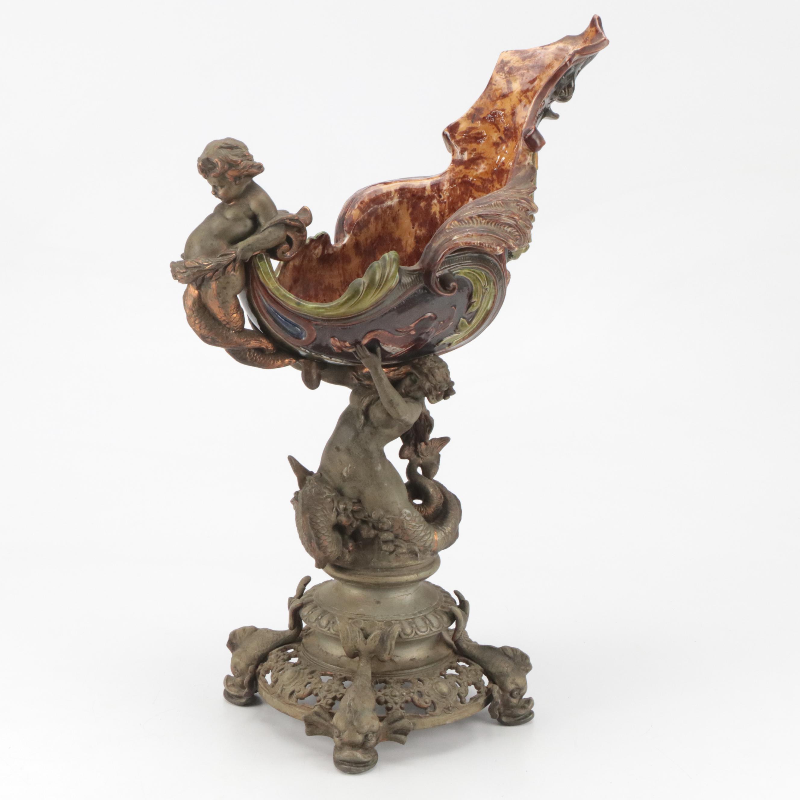 European Baroque Style Majolica Metal Mounted Centerpiece