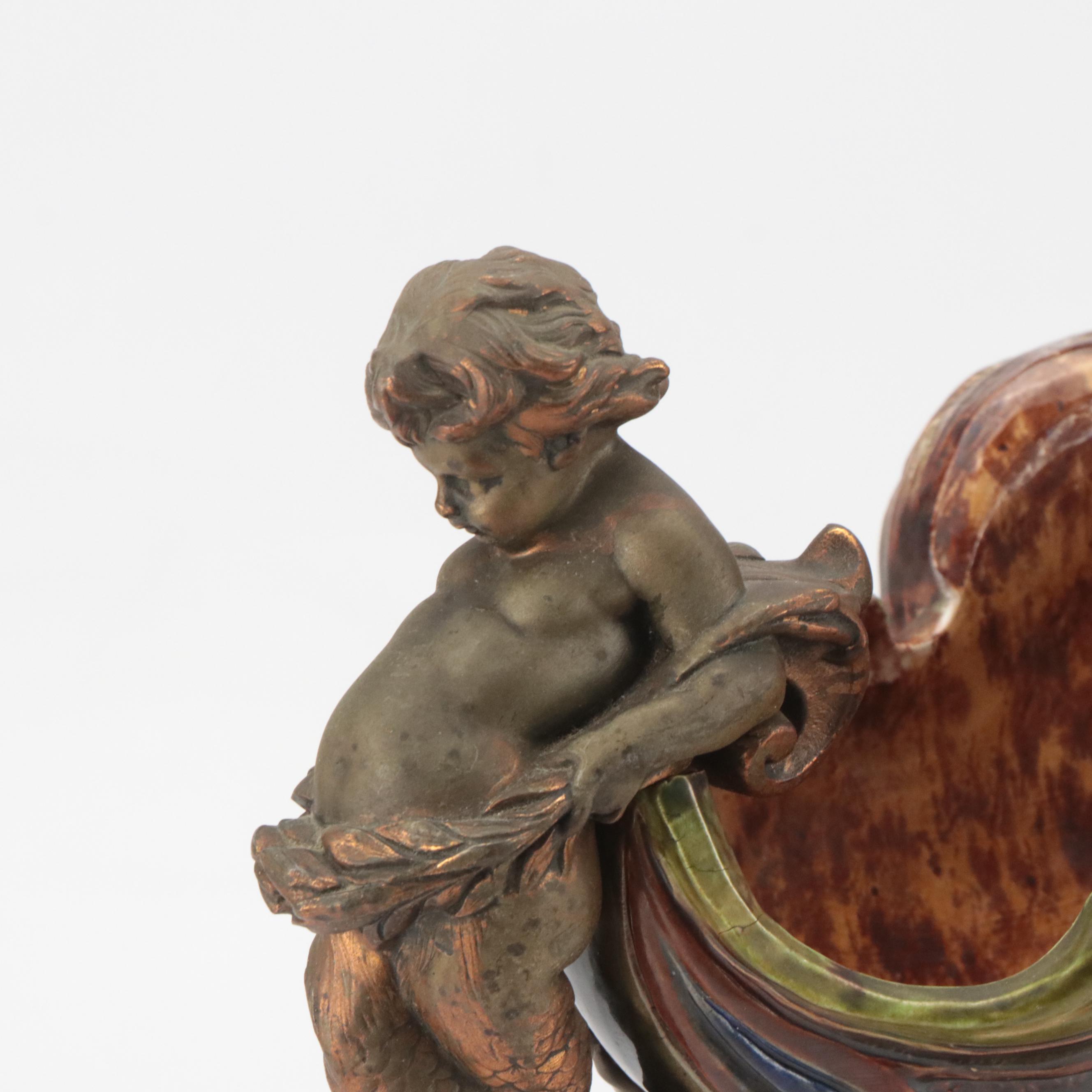 European Baroque Style Majolica Metal Mounted Centerpiece