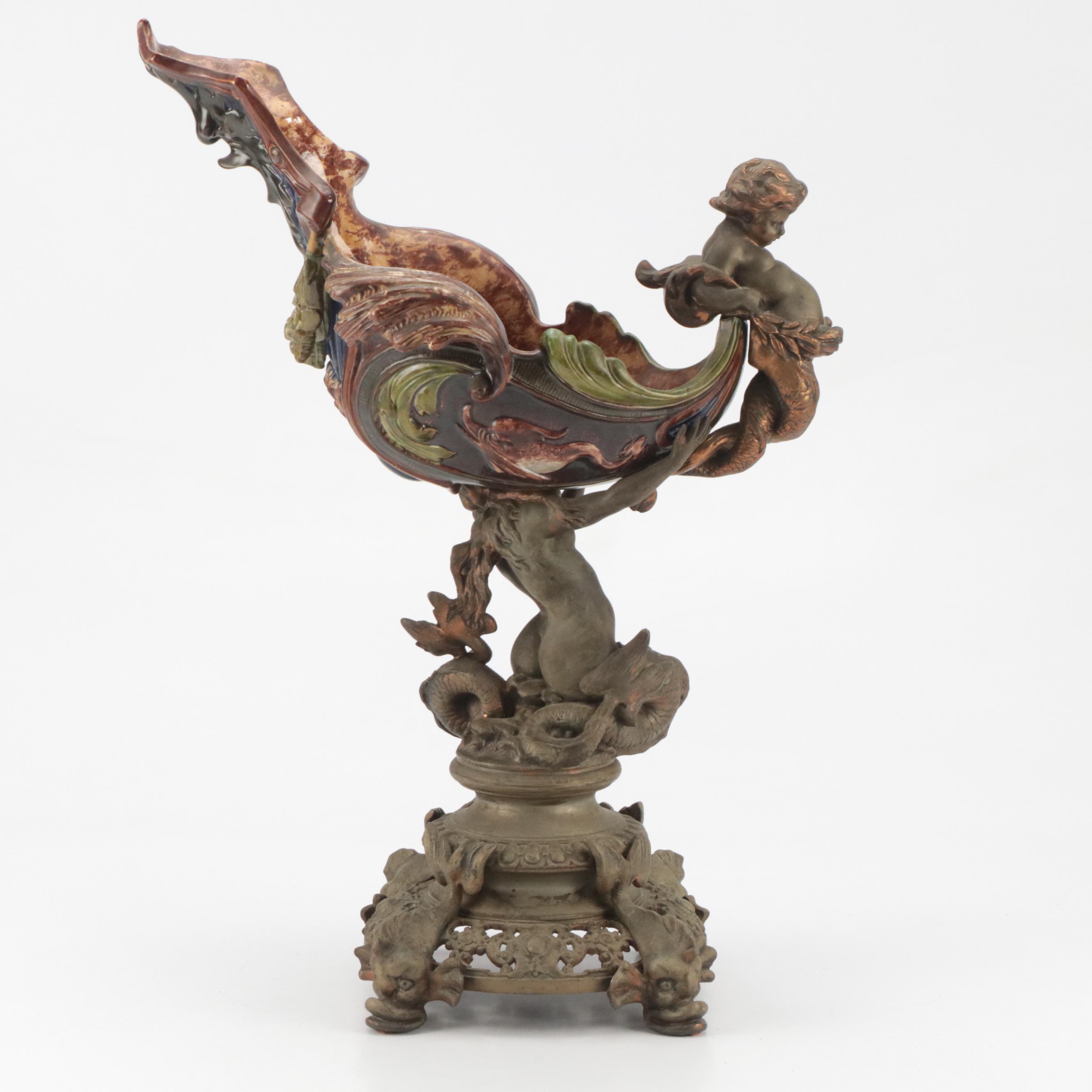 European Baroque Style Majolica Metal Mounted Centerpiece