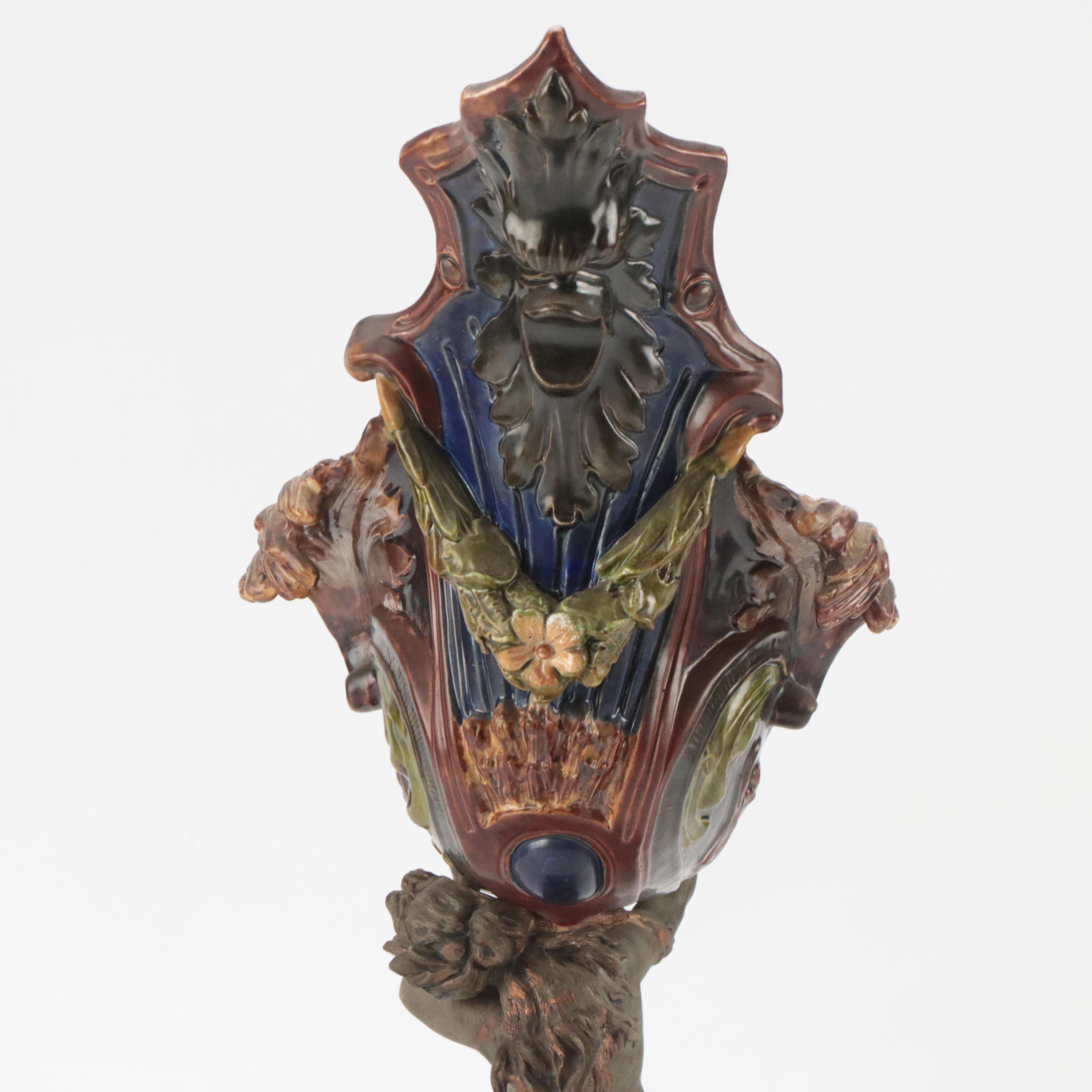 European Baroque Style Majolica Metal Mounted Centerpiece