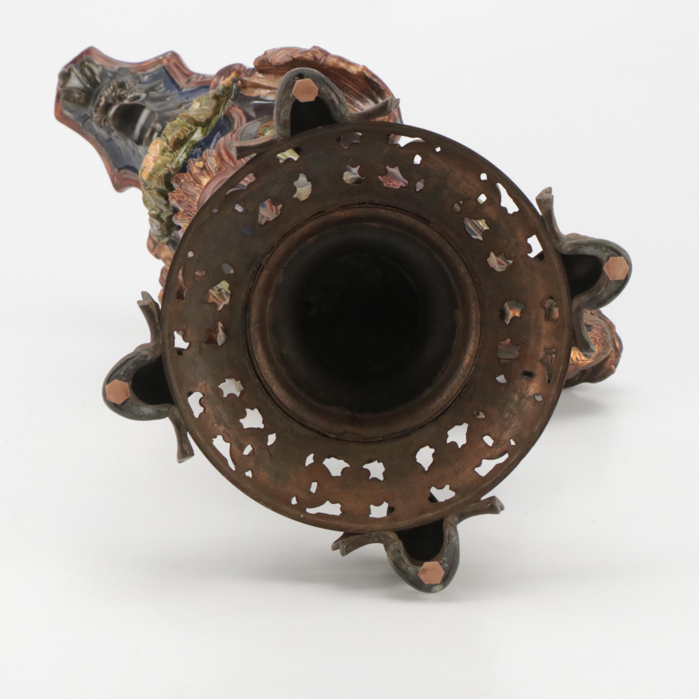 European Baroque Style Majolica Metal Mounted Centerpiece