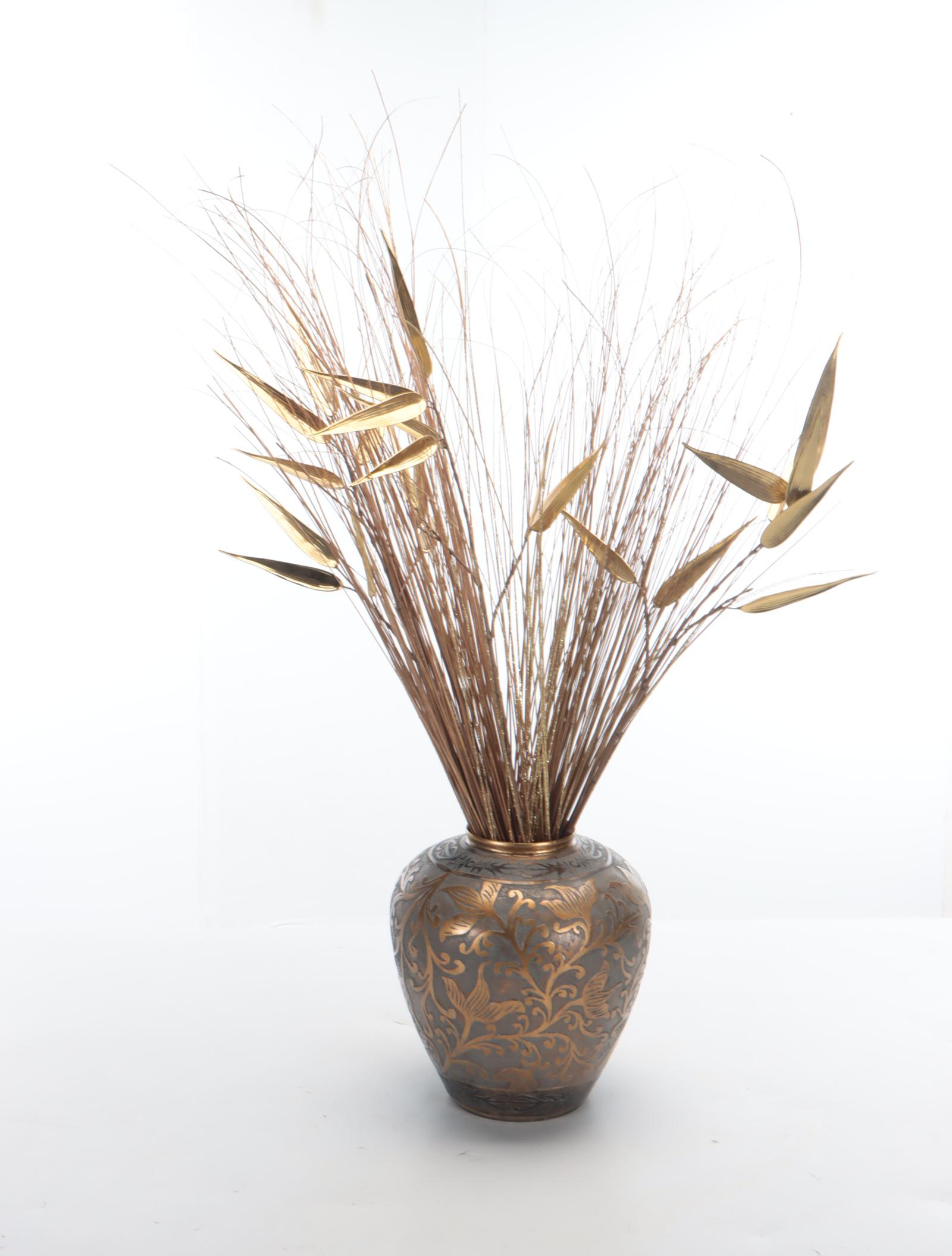 Gilt Metal Twig Shaped Candelabra with Vase and Wall Sculpture