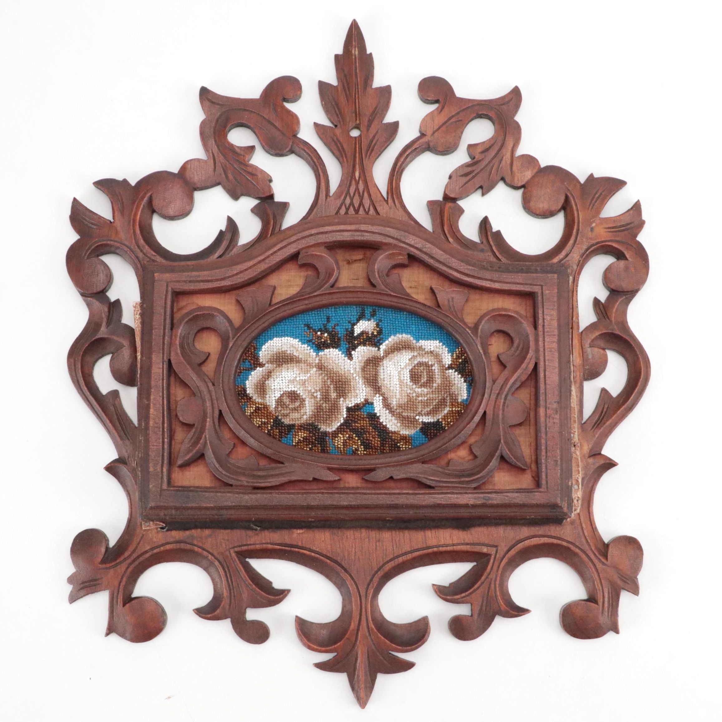 Victorian Style Wood and Leather Wall Hanging Document Holder with Beaded Accent