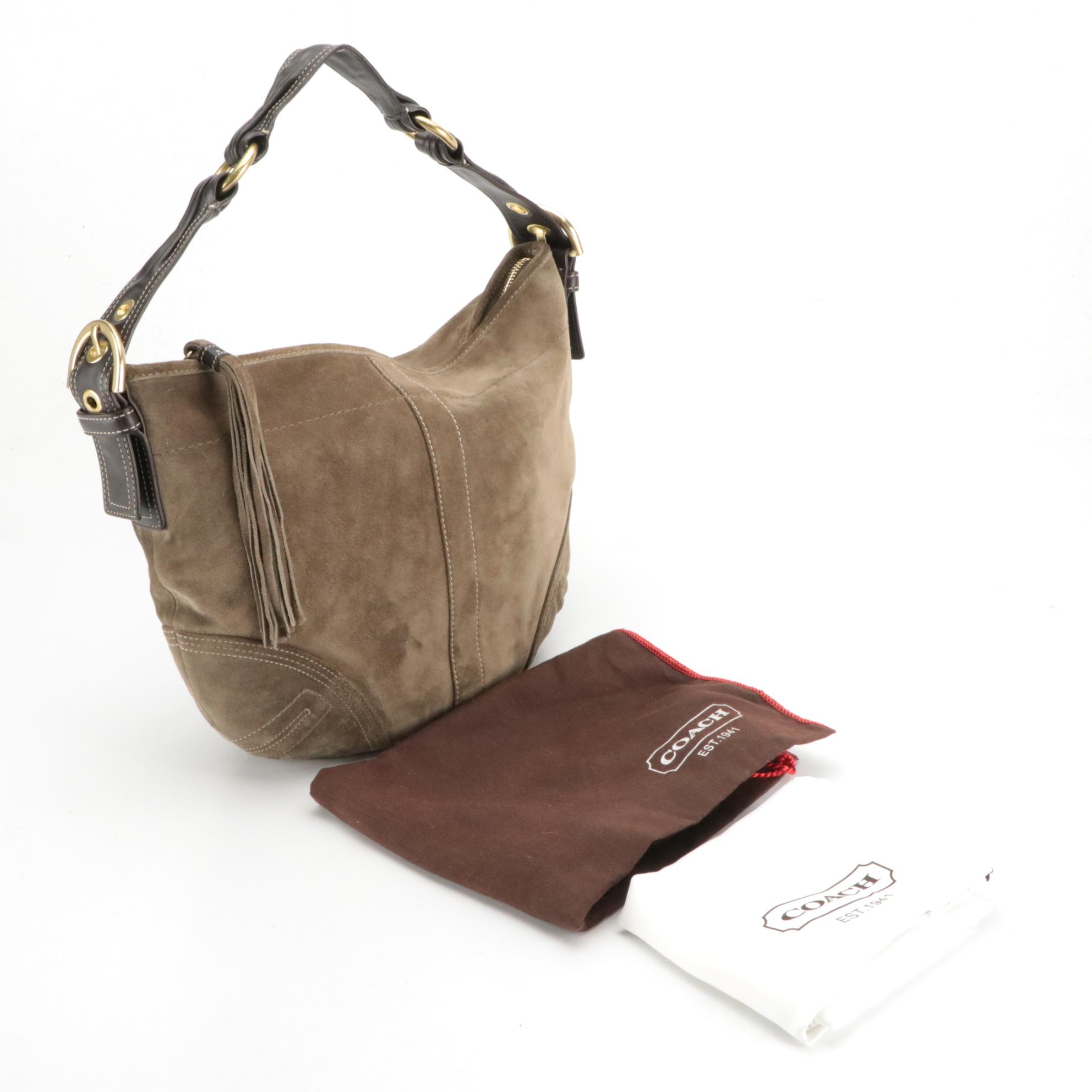 Coach Soho Hobo Shoulder Bag in Taupe Suede and Brown Leather Trim