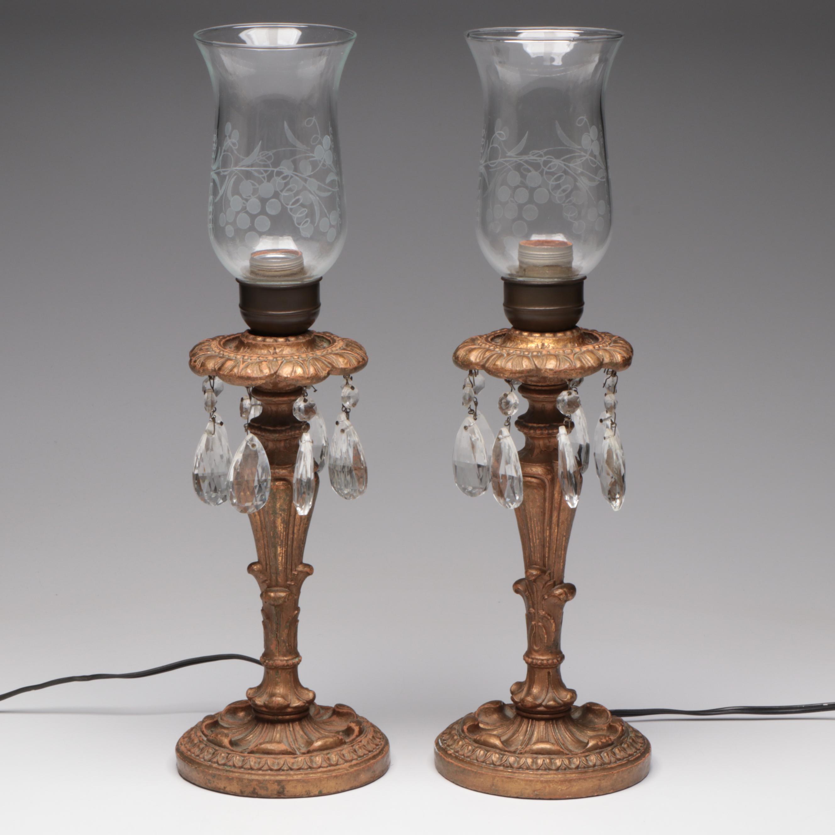 Gilt Composite and Etched Glass Hurricane Lamp