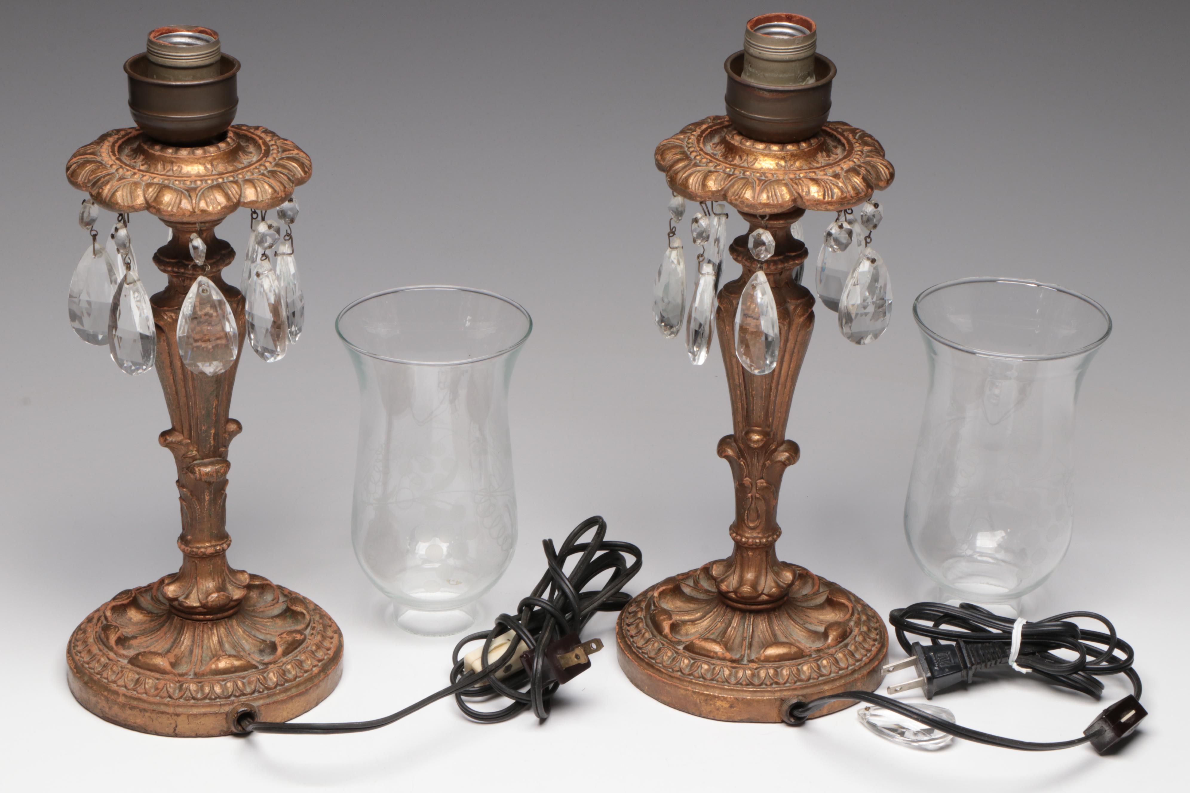 Gilt Composite and Etched Glass Hurricane Lamp