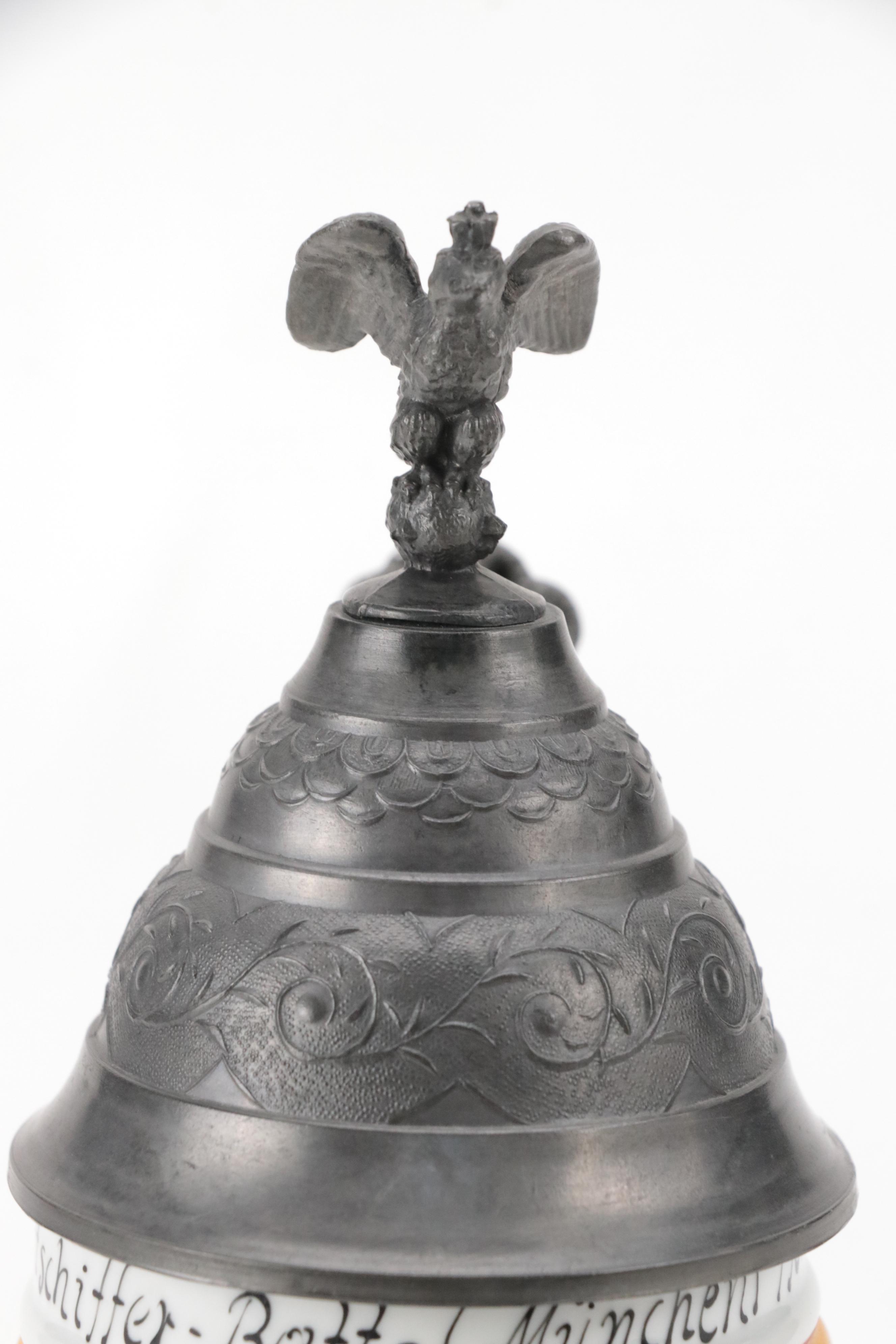 German Handgemalt Ceramic Lidded Beer Stein with Lithophane