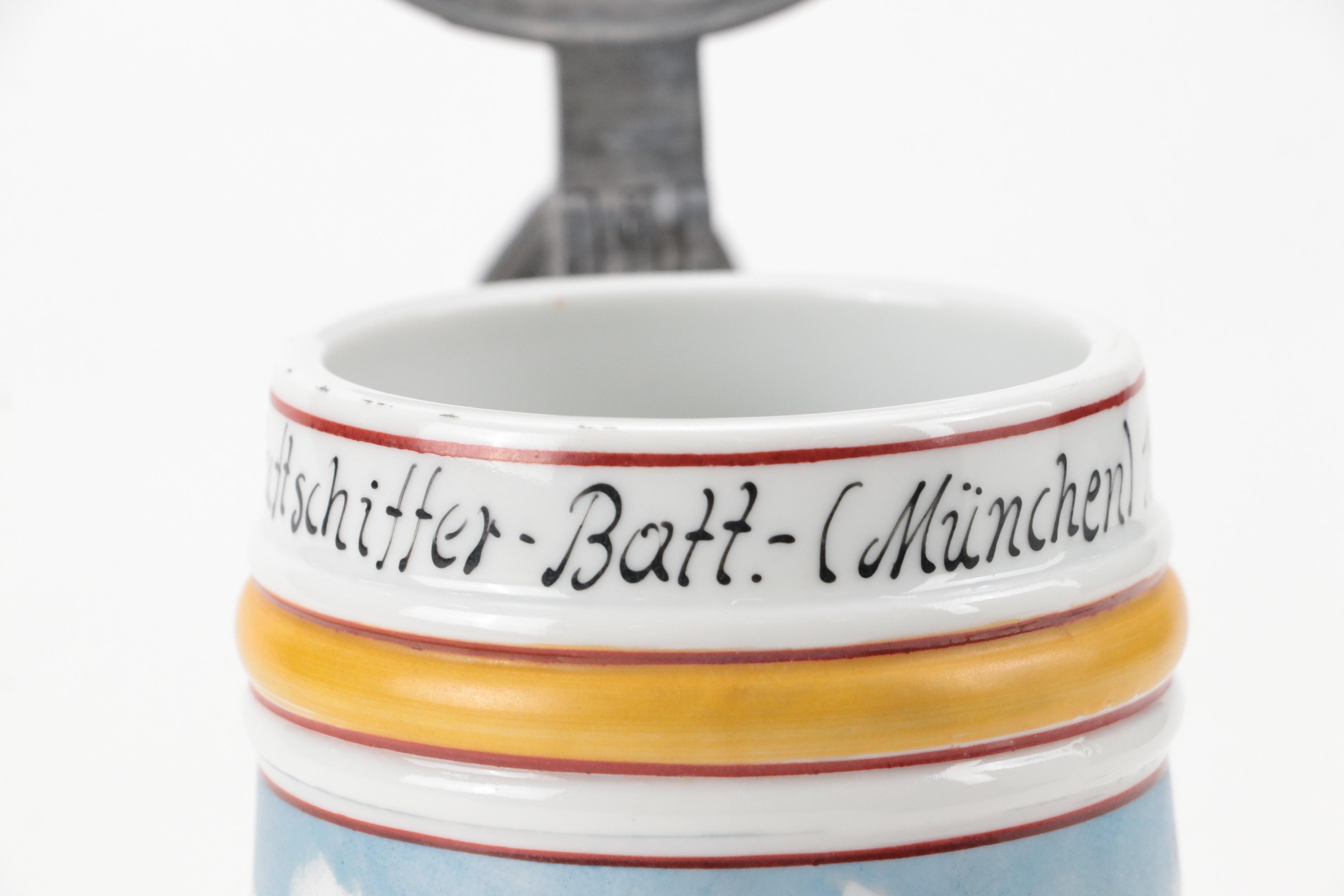 German Handgemalt Ceramic Lidded Beer Stein with Lithophane