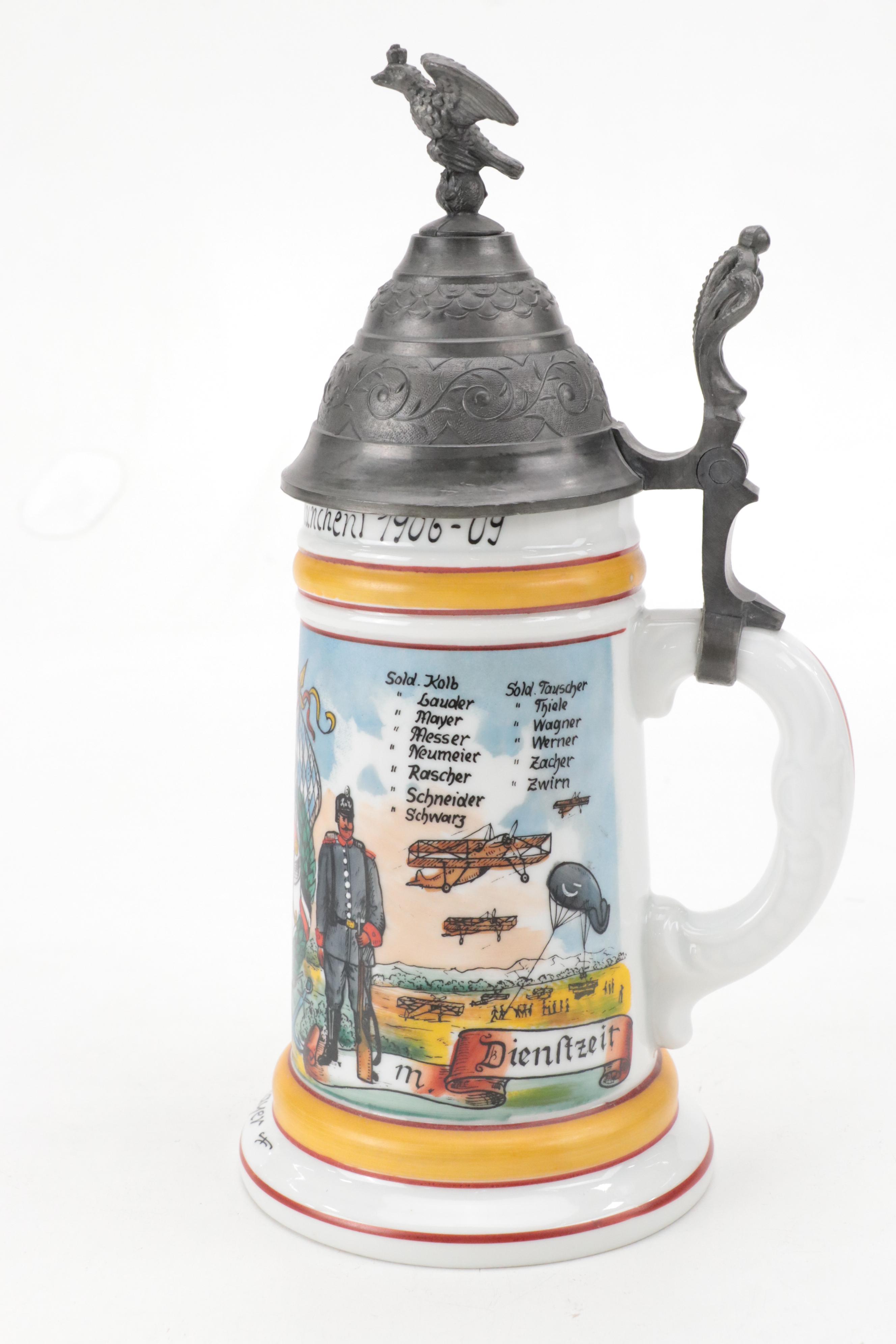 German Handgemalt Ceramic Lidded Beer Stein with Lithophane