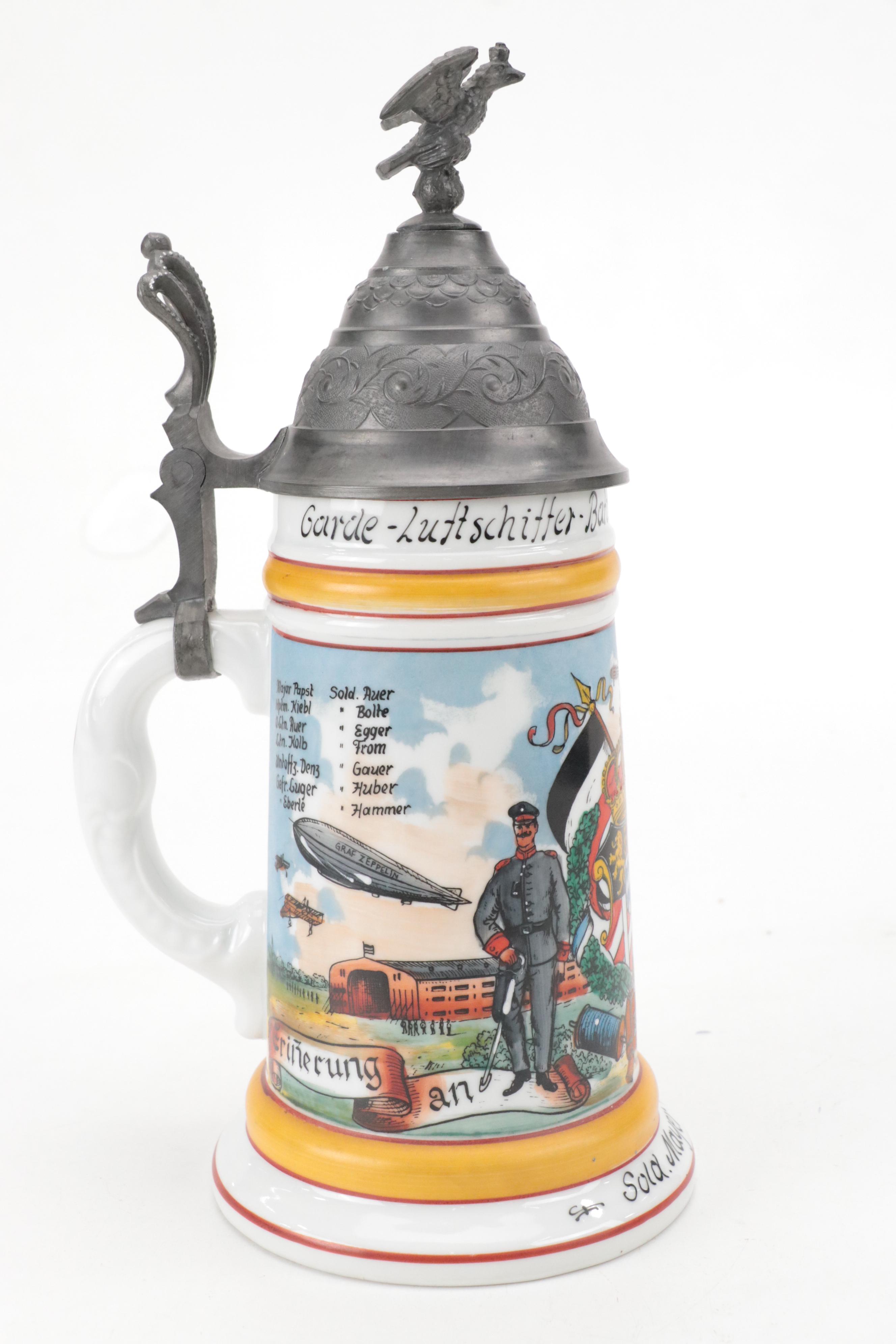 German Handgemalt Ceramic Lidded Beer Stein with Lithophane