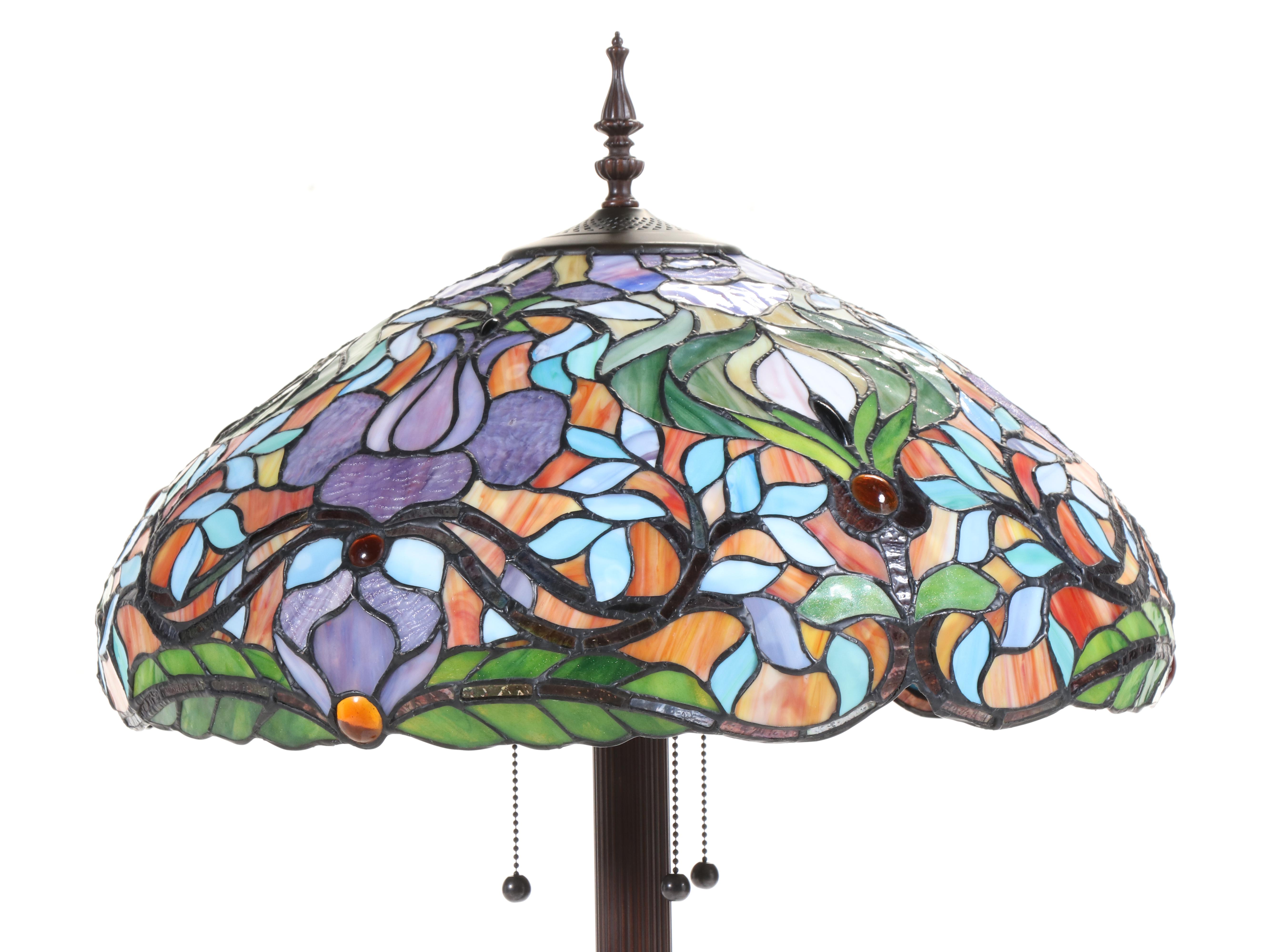 Cast Metal Arts & Crafts Style Metal Floor Lamp with Slag Glass & Jeweled Shade