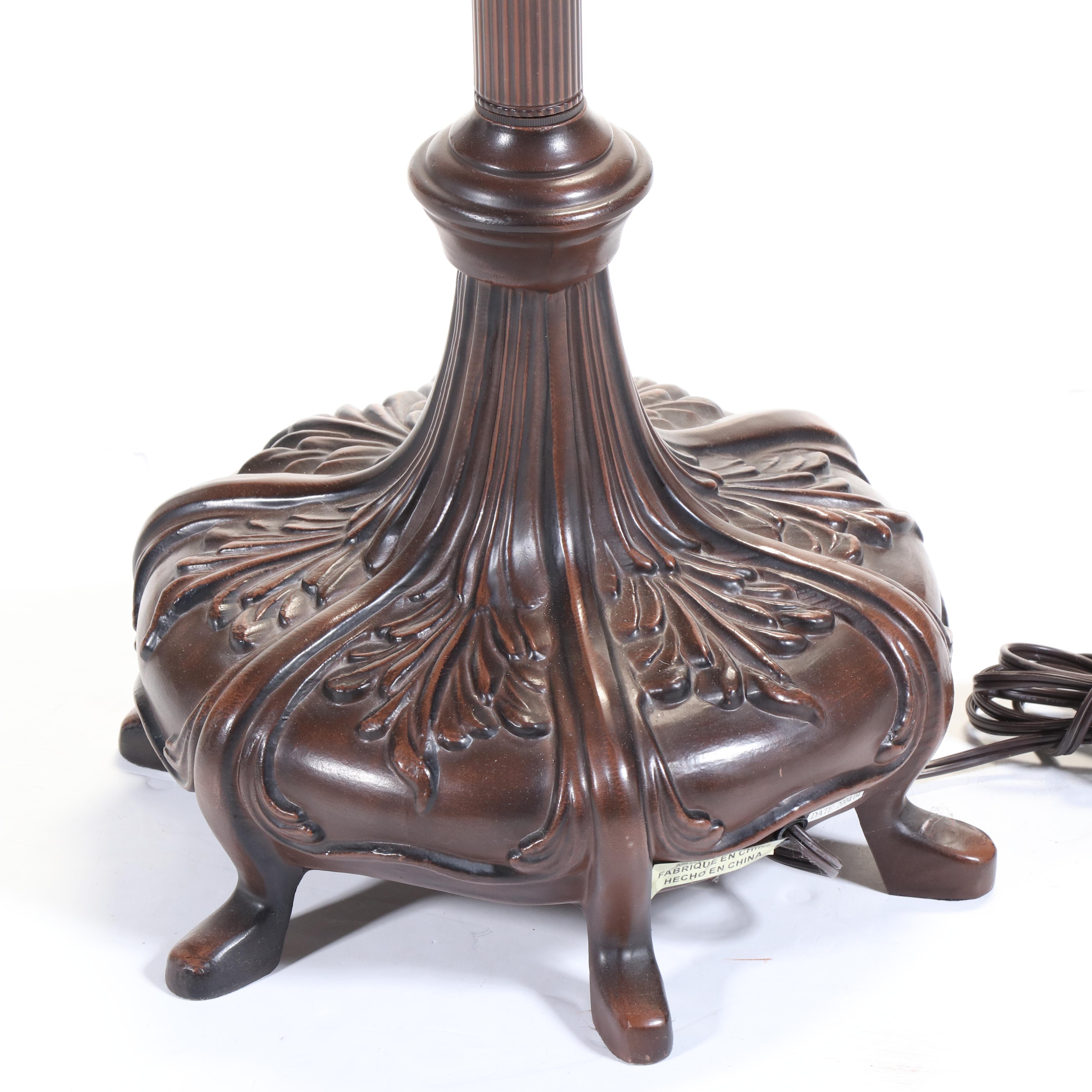 Cast Metal Arts & Crafts Style Metal Floor Lamp with Slag Glass & Jeweled Shade