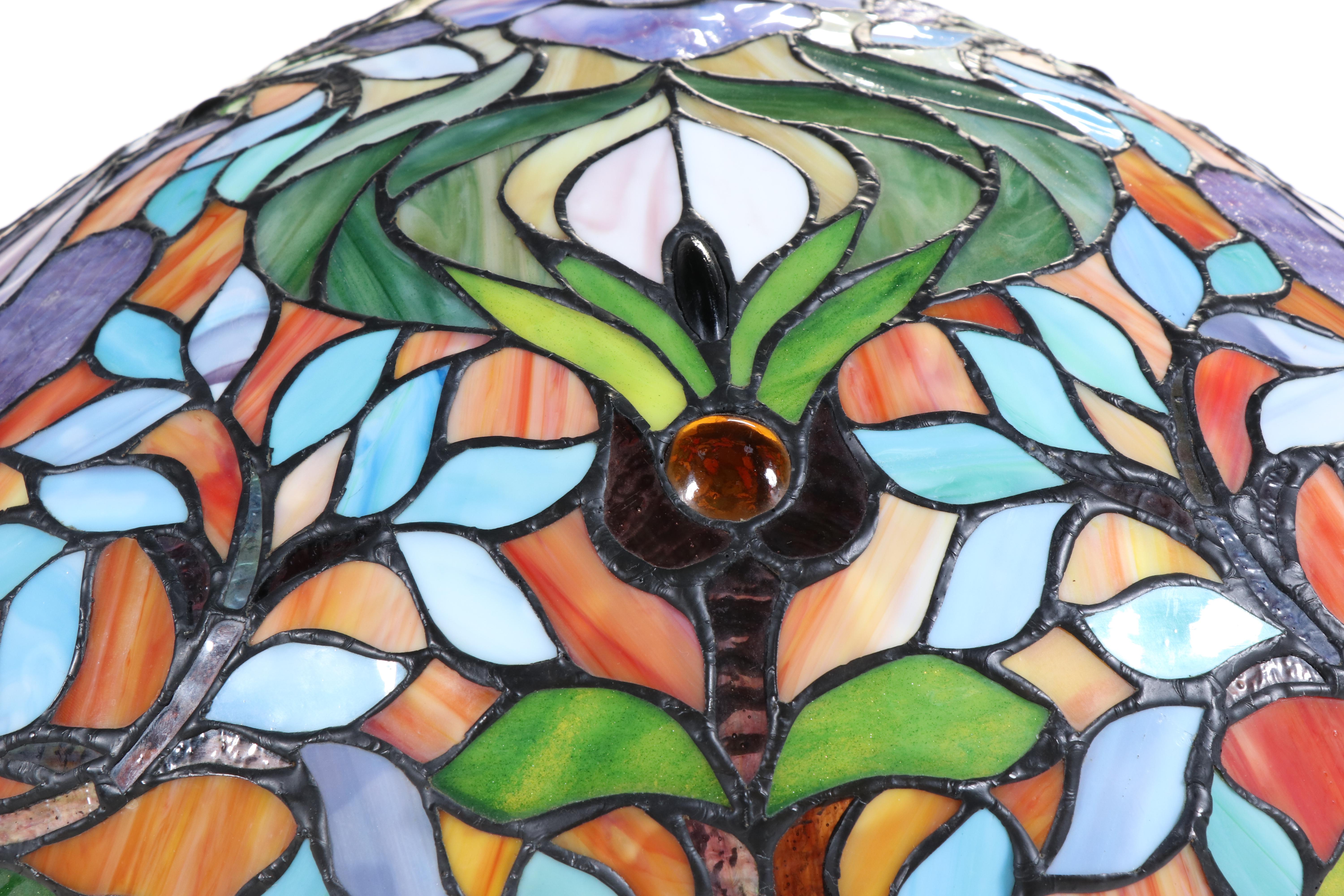 Cast Metal Arts & Crafts Style Metal Floor Lamp with Slag Glass & Jeweled Shade