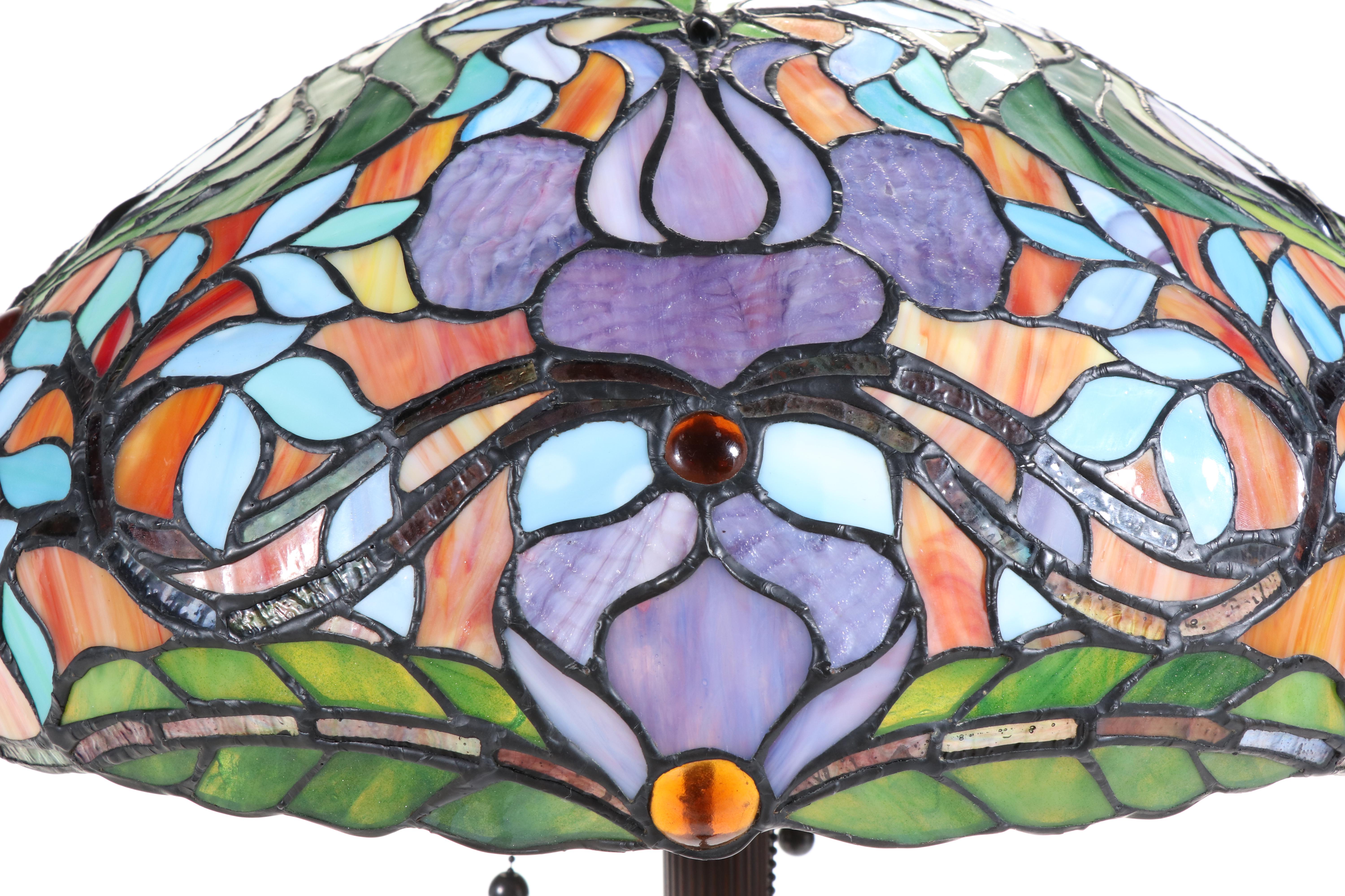 Cast Metal Arts & Crafts Style Metal Floor Lamp with Slag Glass & Jeweled Shade