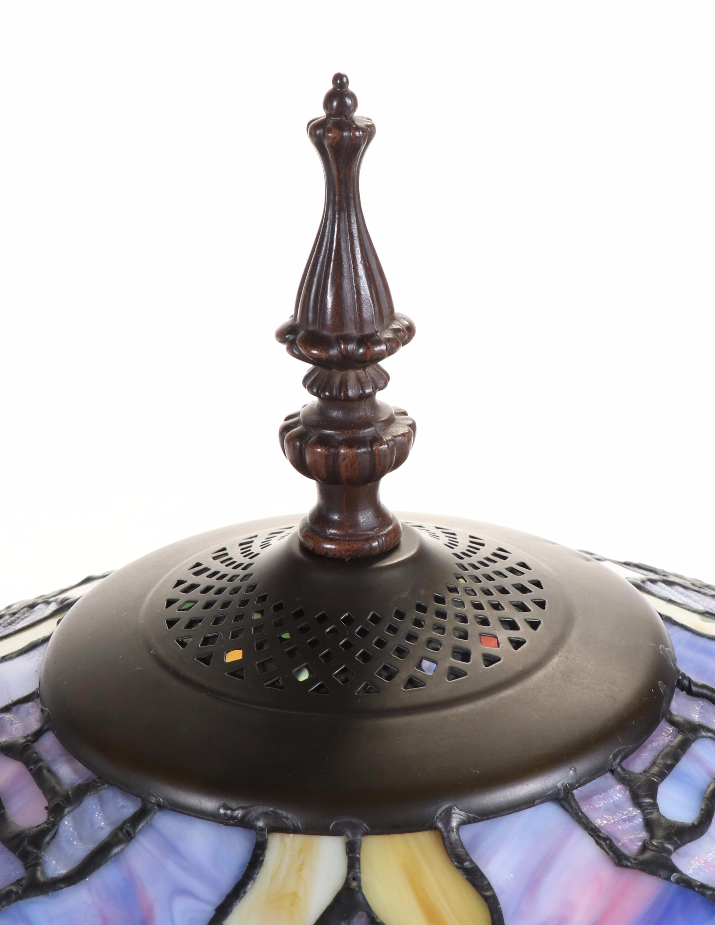 Cast Metal Arts & Crafts Style Metal Floor Lamp with Slag Glass & Jeweled Shade