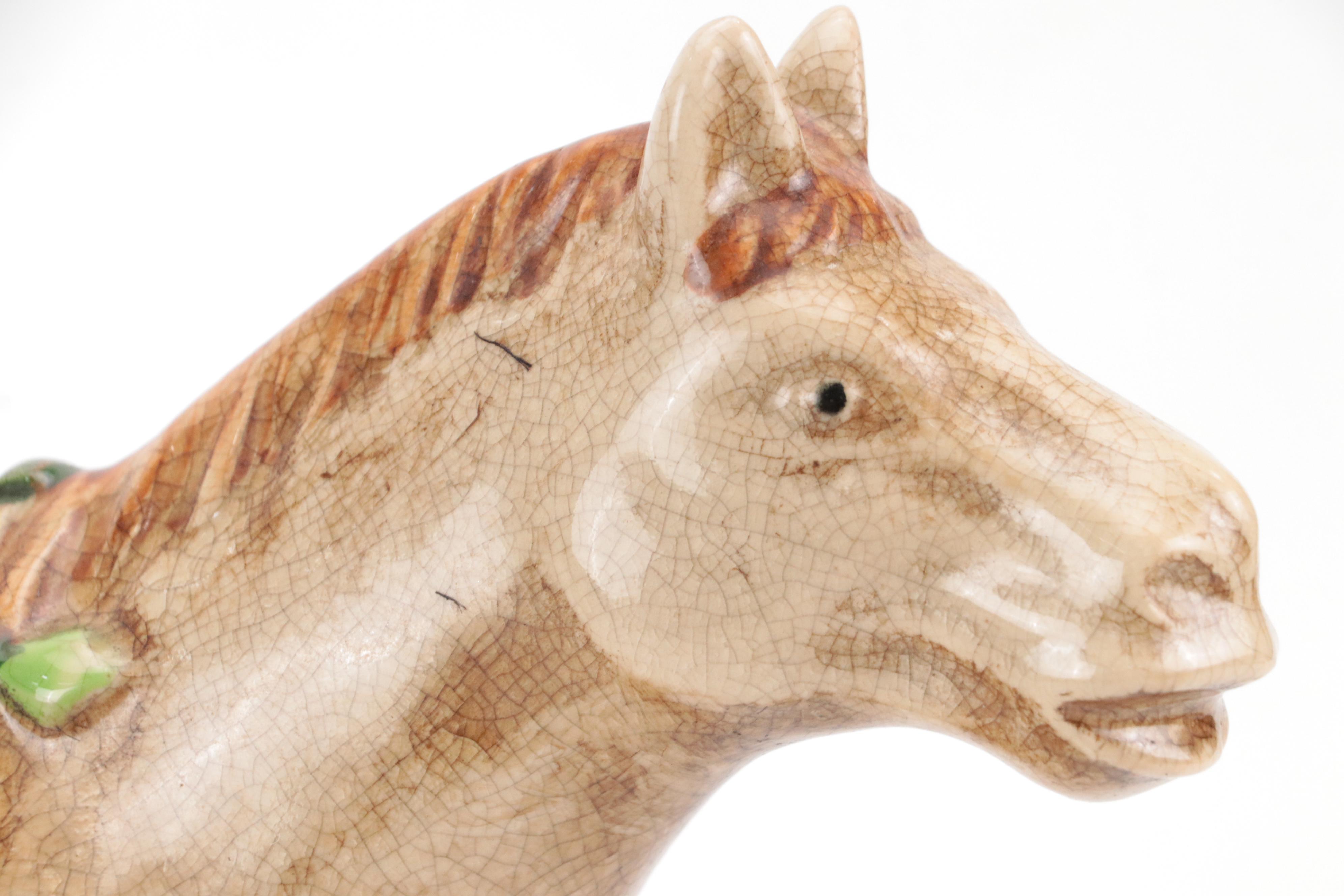 MOP, Bone, and Wood Marquetry Box, Camel Bone and Brass Box, and Ceramic Horse