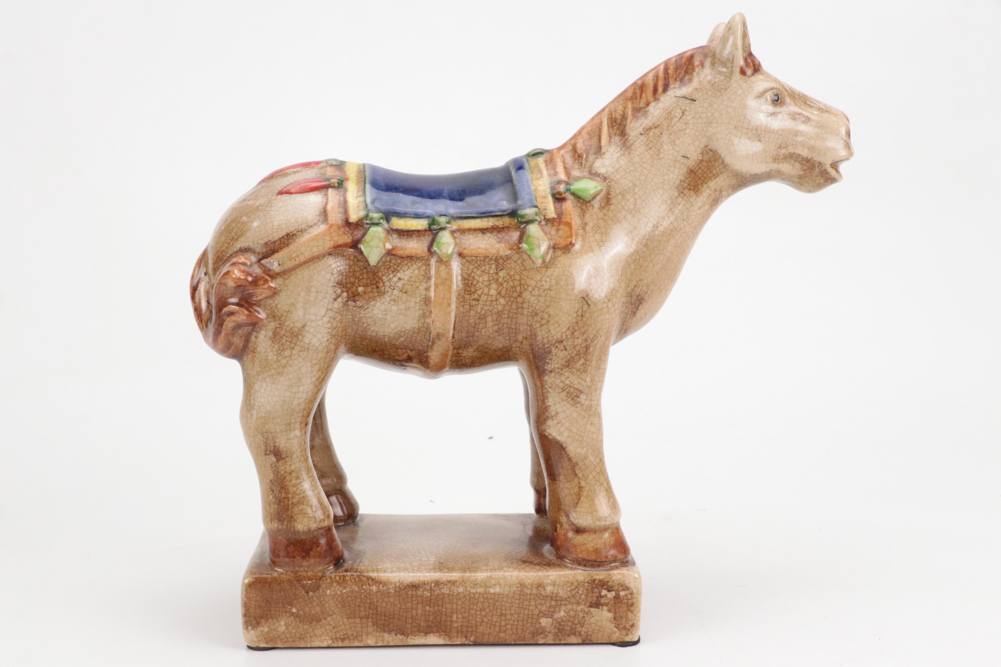 MOP, Bone, and Wood Marquetry Box, Camel Bone and Brass Box, and Ceramic Horse