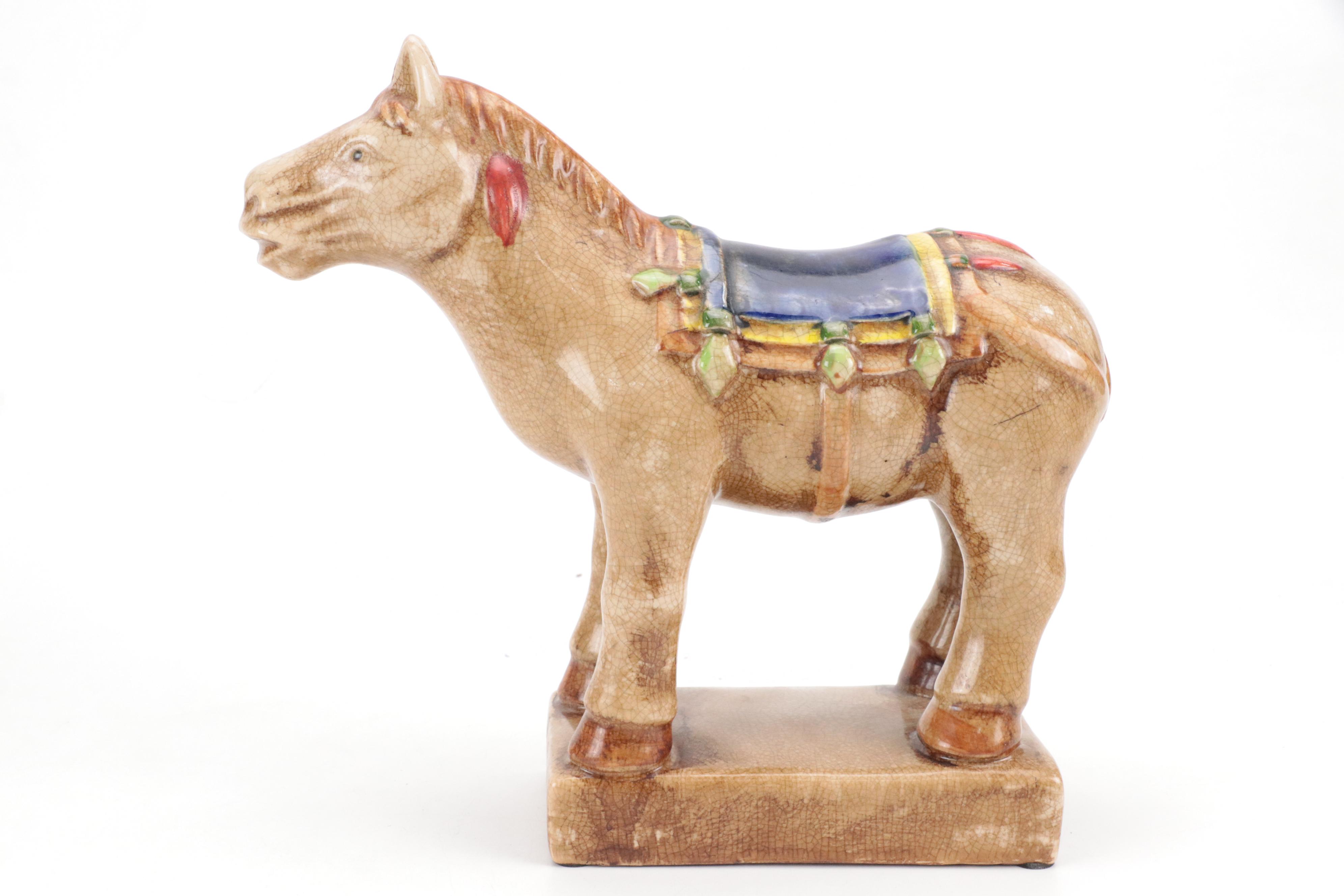 MOP, Bone, and Wood Marquetry Box, Camel Bone and Brass Box, and Ceramic Horse