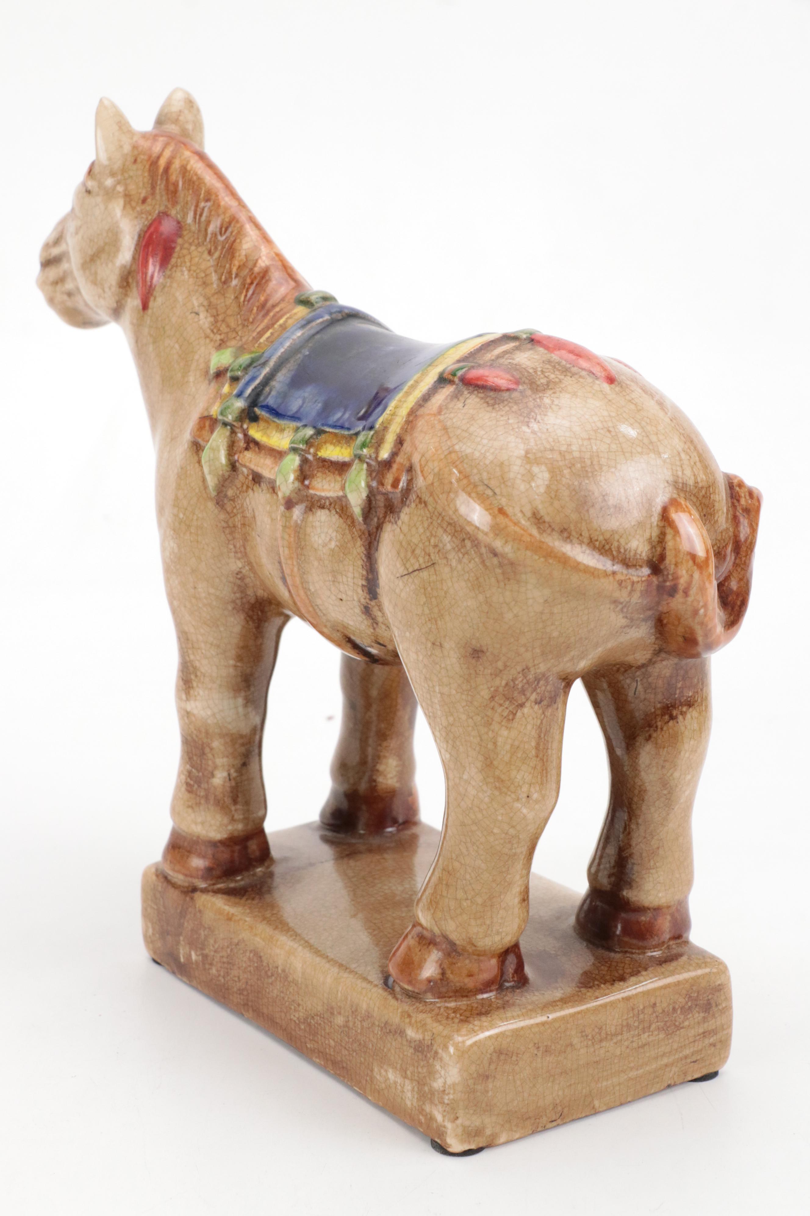 MOP, Bone, and Wood Marquetry Box, Camel Bone and Brass Box, and Ceramic Horse