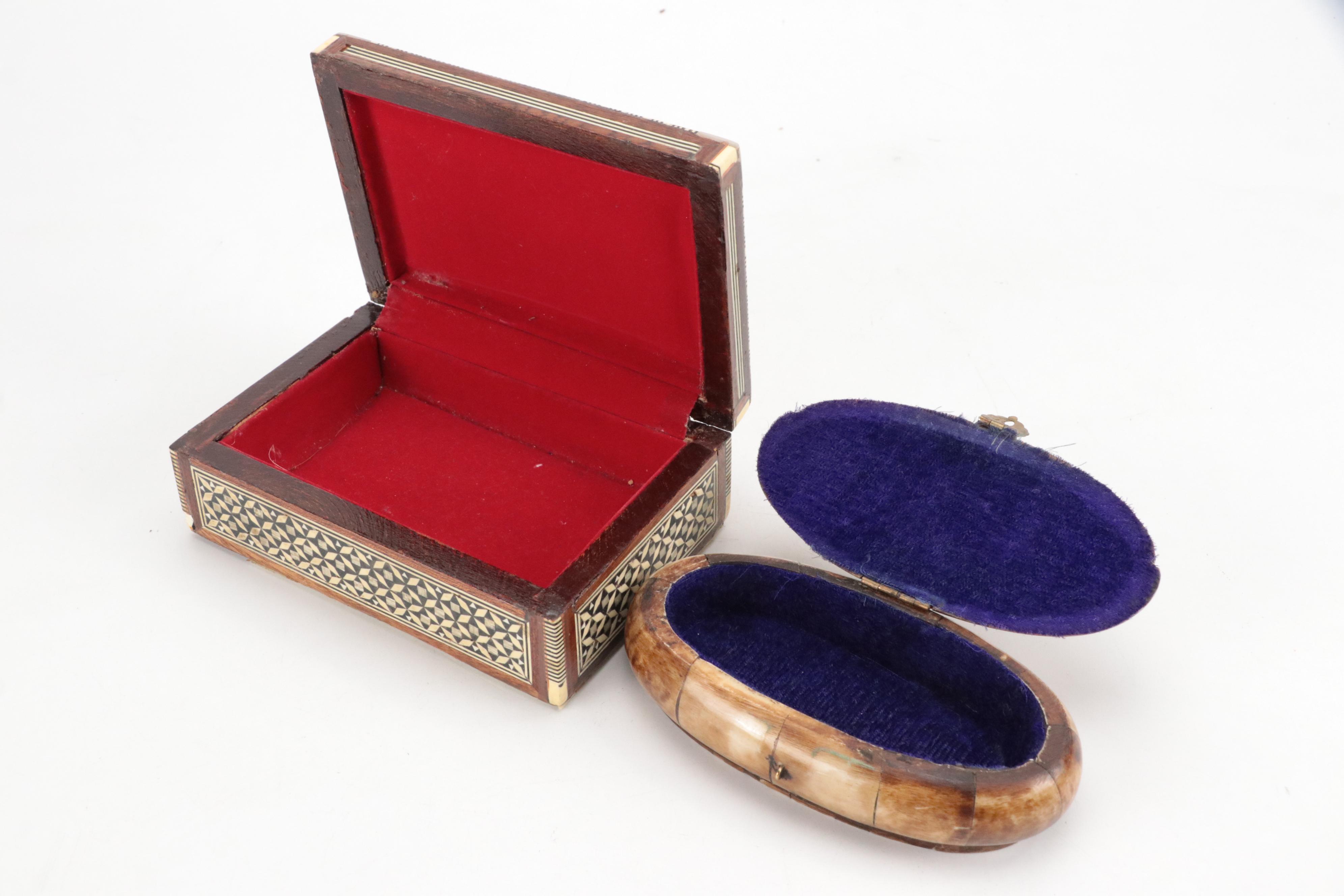 MOP, Bone, and Wood Marquetry Box, Camel Bone and Brass Box, and Ceramic Horse