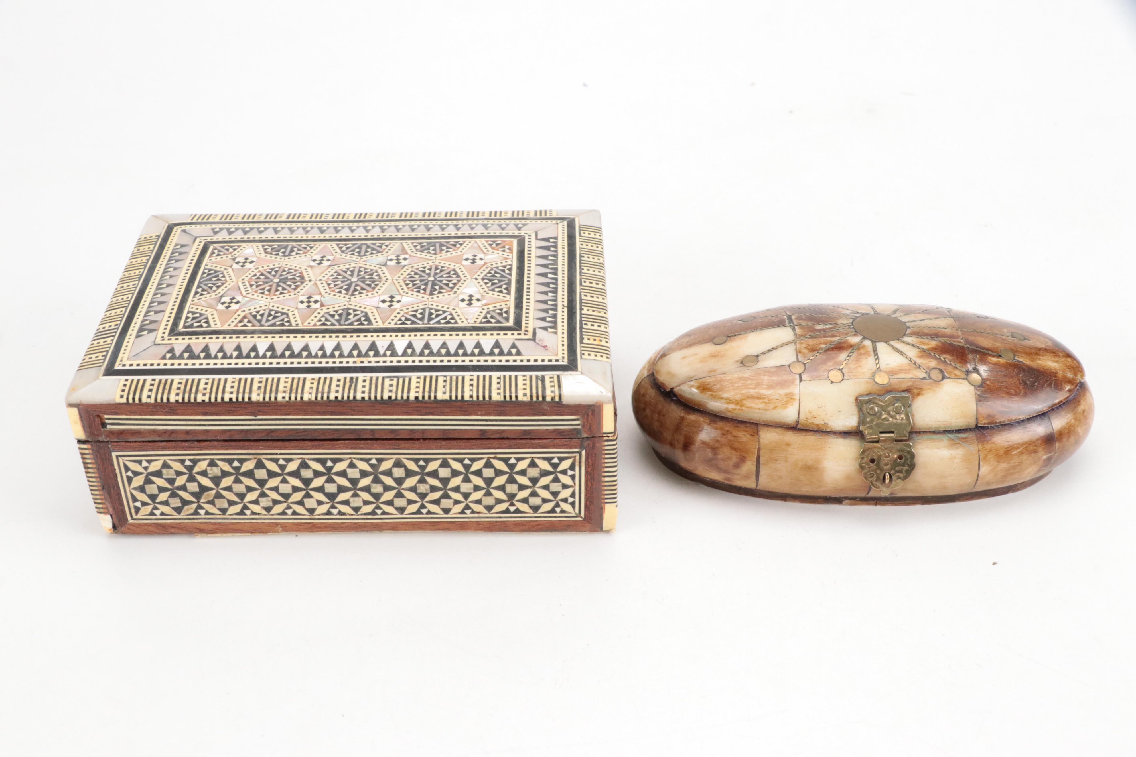 MOP, Bone, and Wood Marquetry Box, Camel Bone and Brass Box, and Ceramic Horse