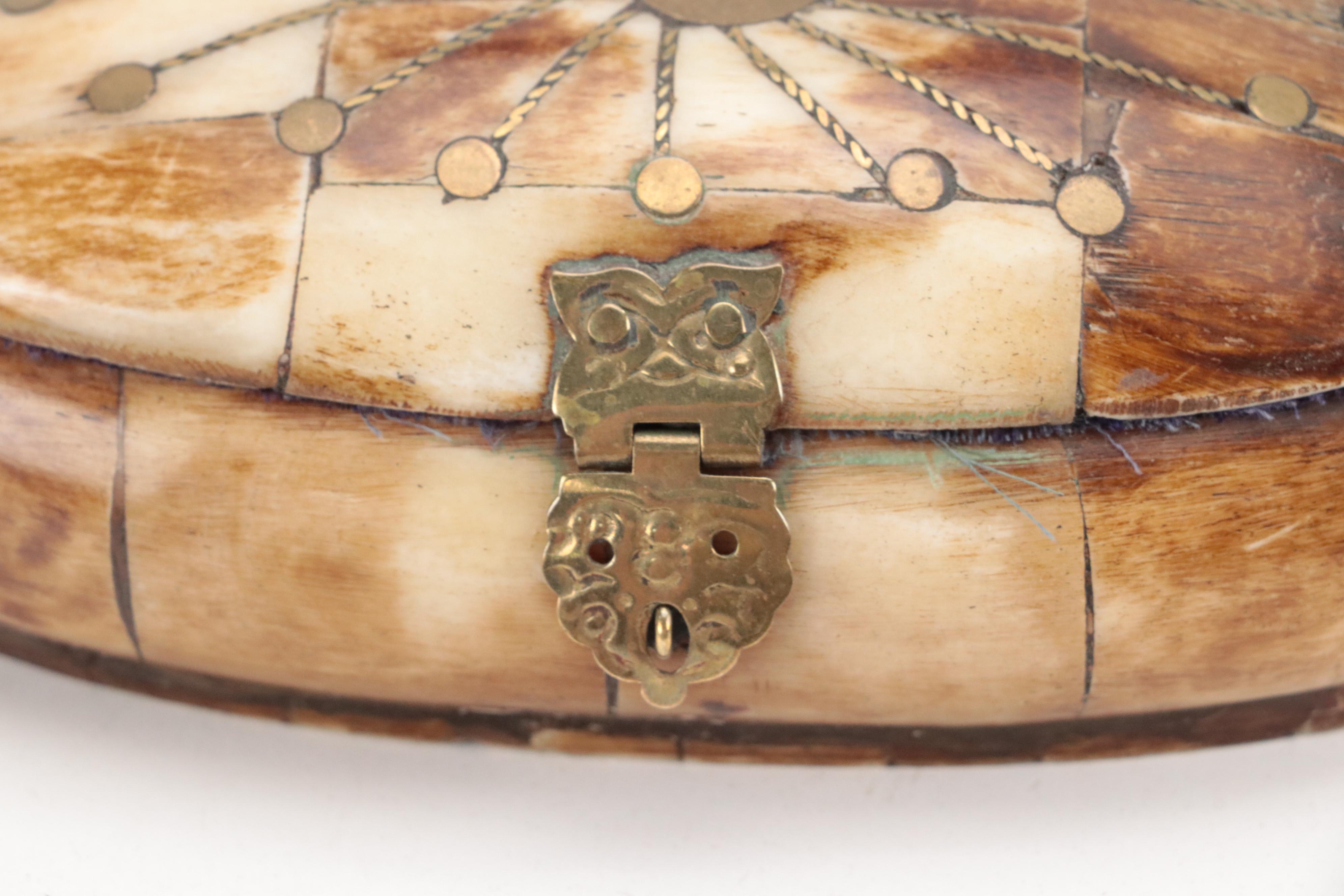 MOP, Bone, and Wood Marquetry Box, Camel Bone and Brass Box, and Ceramic Horse