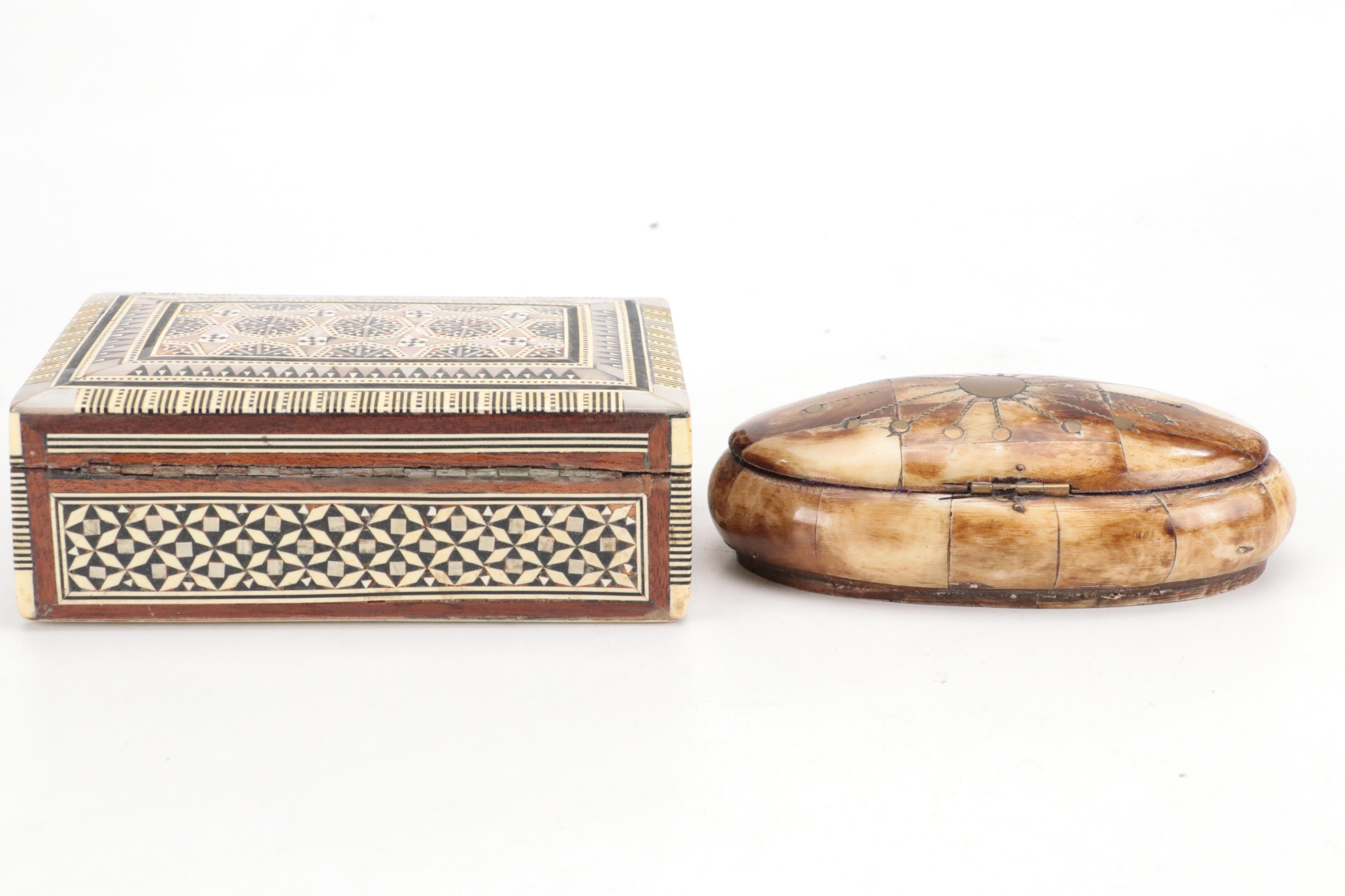 MOP, Bone, and Wood Marquetry Box, Camel Bone and Brass Box, and Ceramic Horse