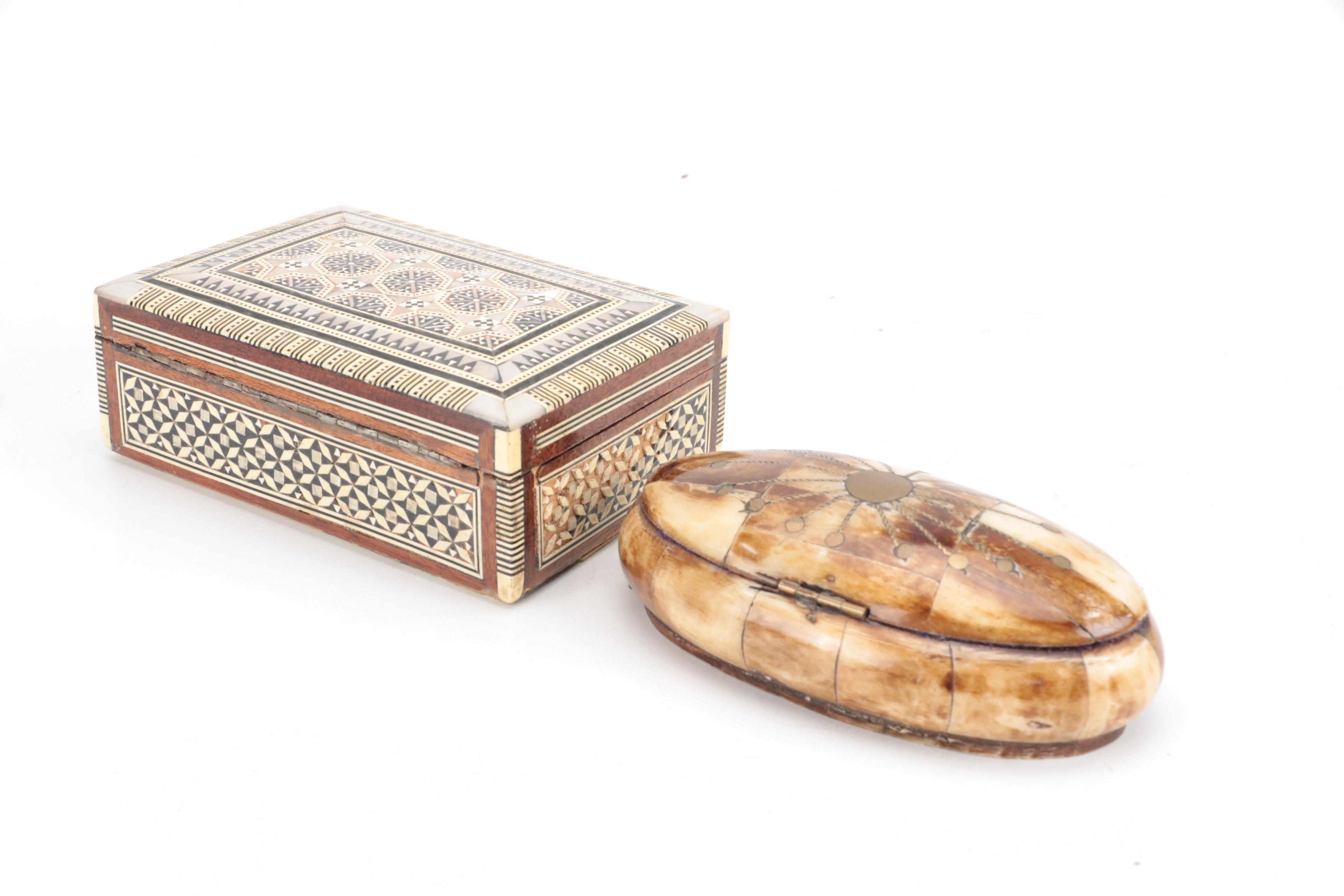 MOP, Bone, and Wood Marquetry Box, Camel Bone and Brass Box, and Ceramic Horse