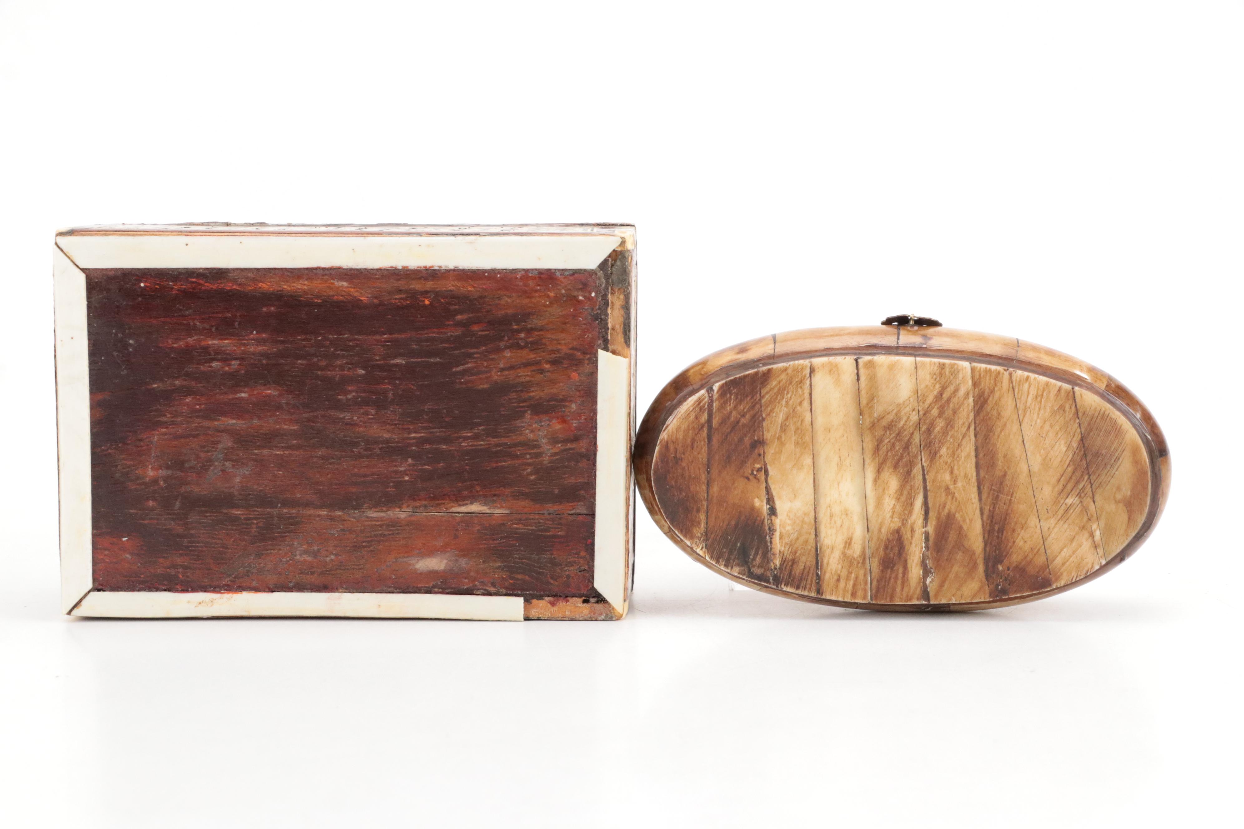 MOP, Bone, and Wood Marquetry Box, Camel Bone and Brass Box, and Ceramic Horse
