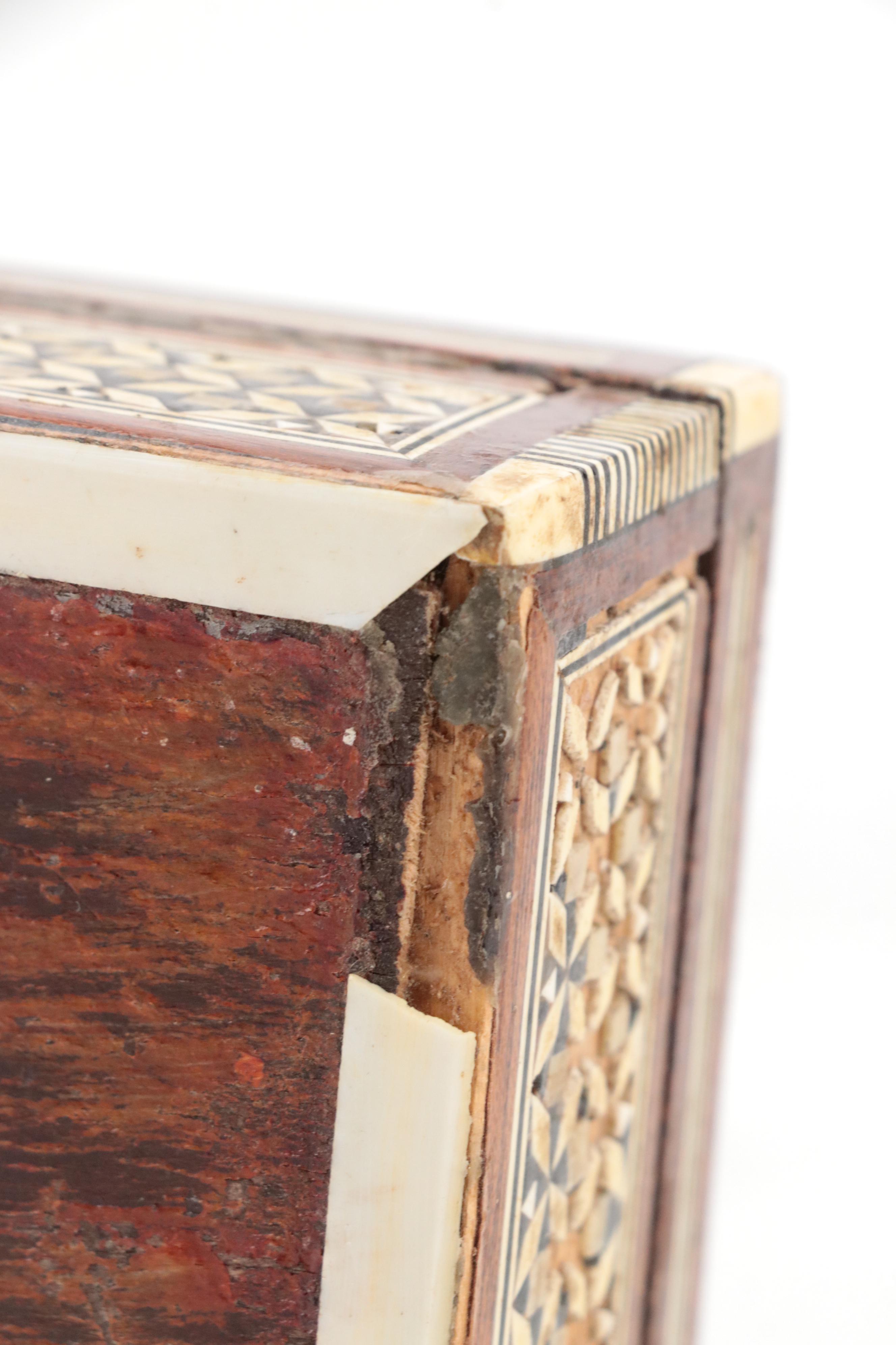 MOP, Bone, and Wood Marquetry Box, Camel Bone and Brass Box, and Ceramic Horse