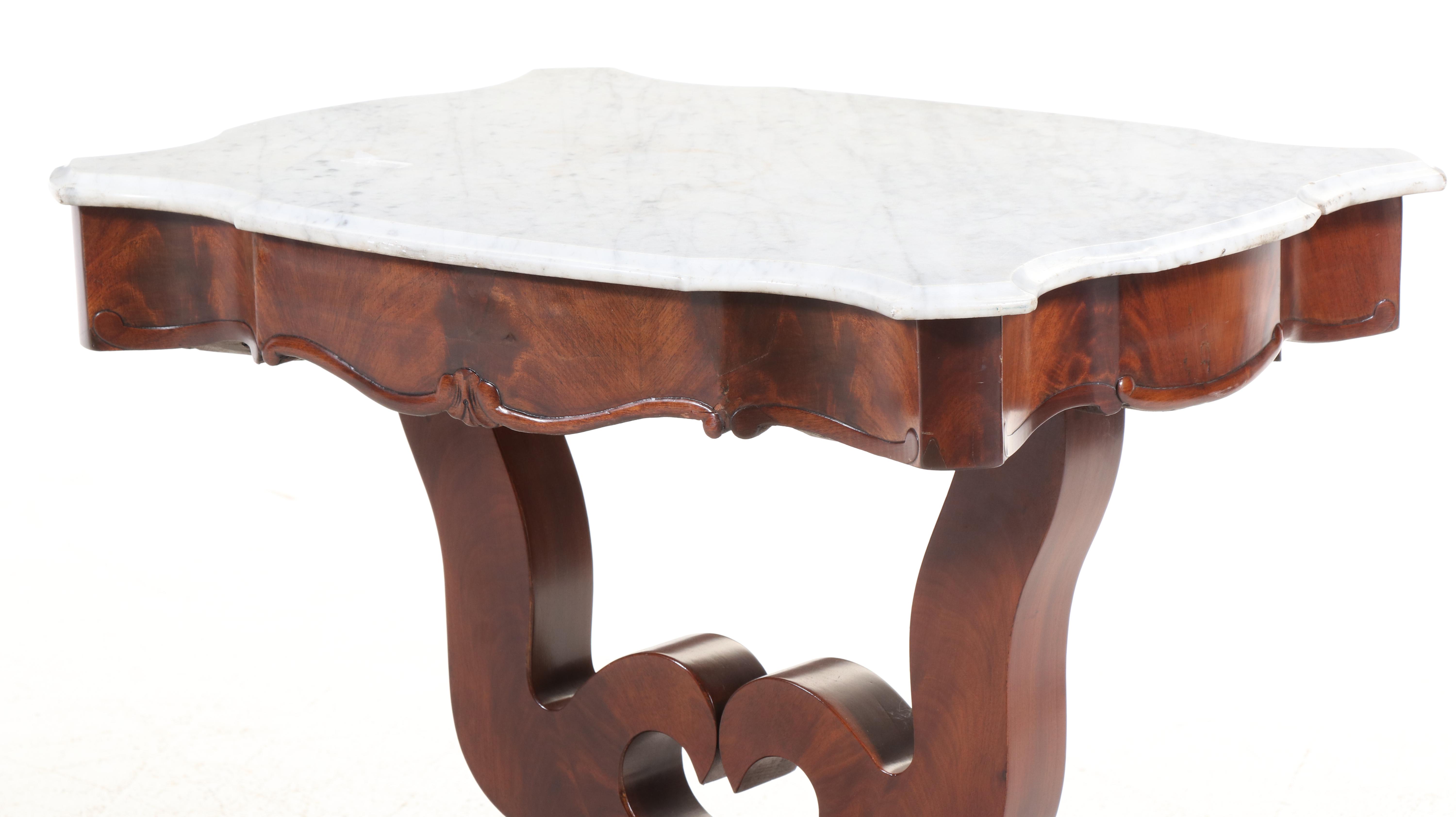 American Empire Flame Mahogany and Marble Top Parlor Table, Mid-19th Century